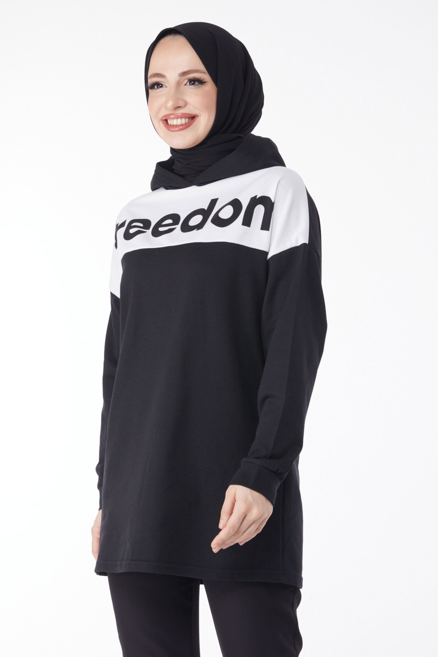 Düz Kapşonlu Yaka Kadın Siyah Baskılı Kapşonlu Sweatshirt - 13134 - 2