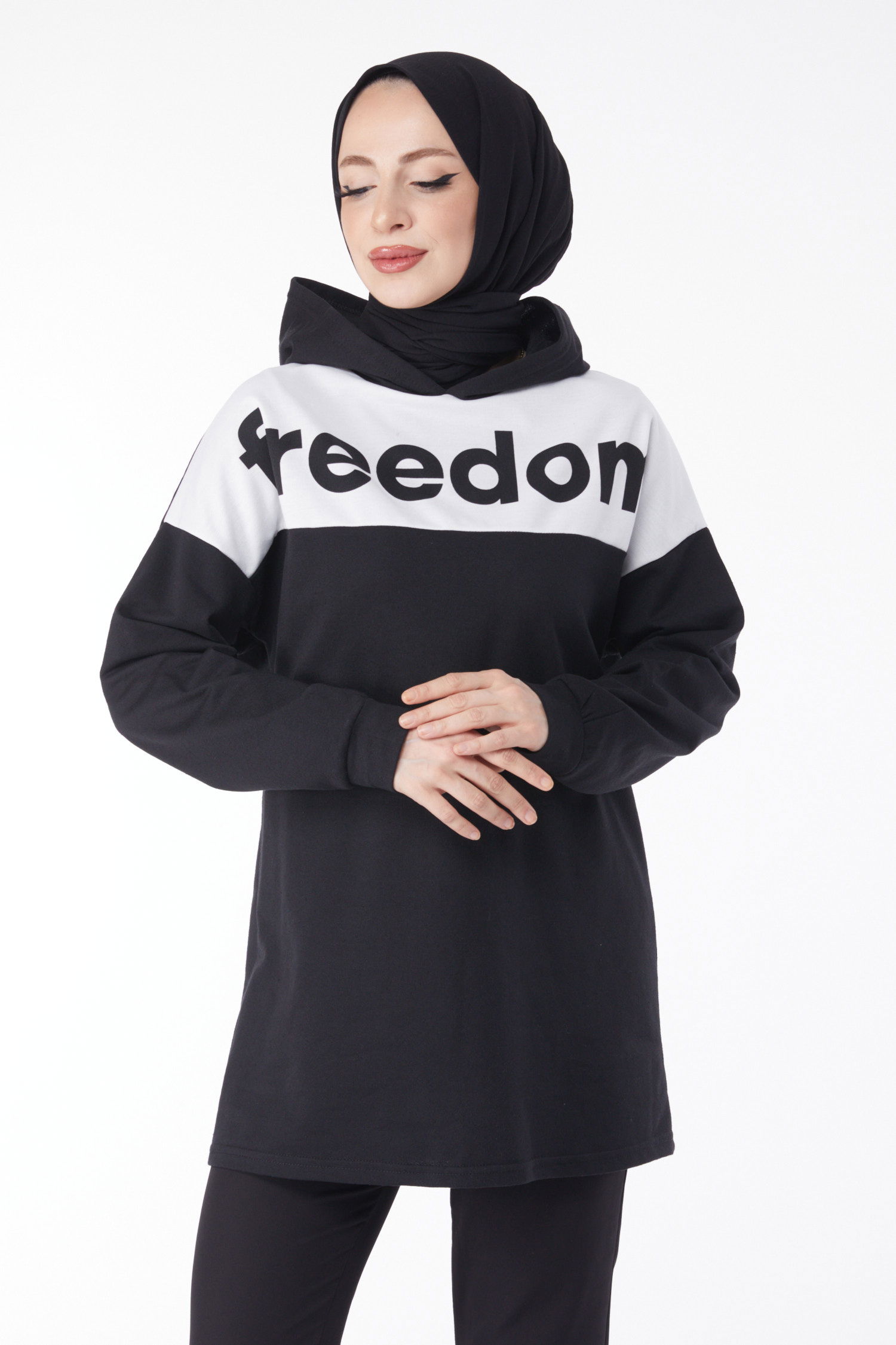 Düz Kapşonlu Yaka Kadın Siyah Baskılı Kapşonlu Sweatshirt - 13134 - 3