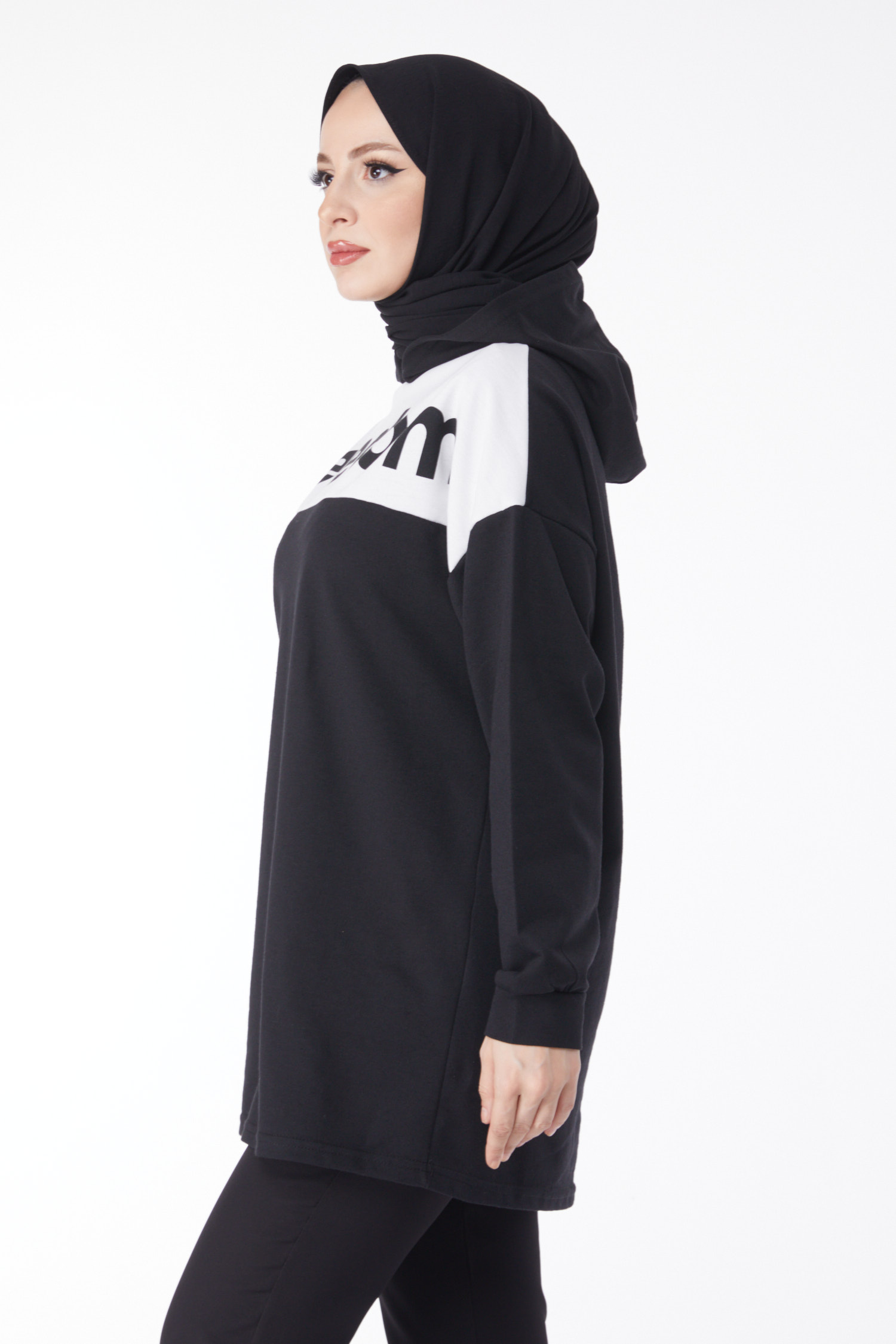 Düz Kapşonlu Yaka Kadın Siyah Baskılı Kapşonlu Sweatshirt - 13134 - 4