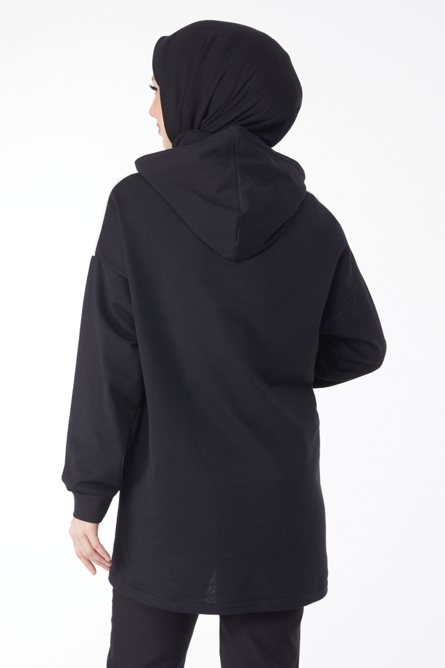 Düz Kapşonlu Yaka Kadın Siyah Baskılı Kapşonlu Sweatshirt - 13134 - 5