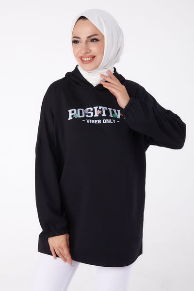 Baskılı Sweatshirt Siyah - 13333 