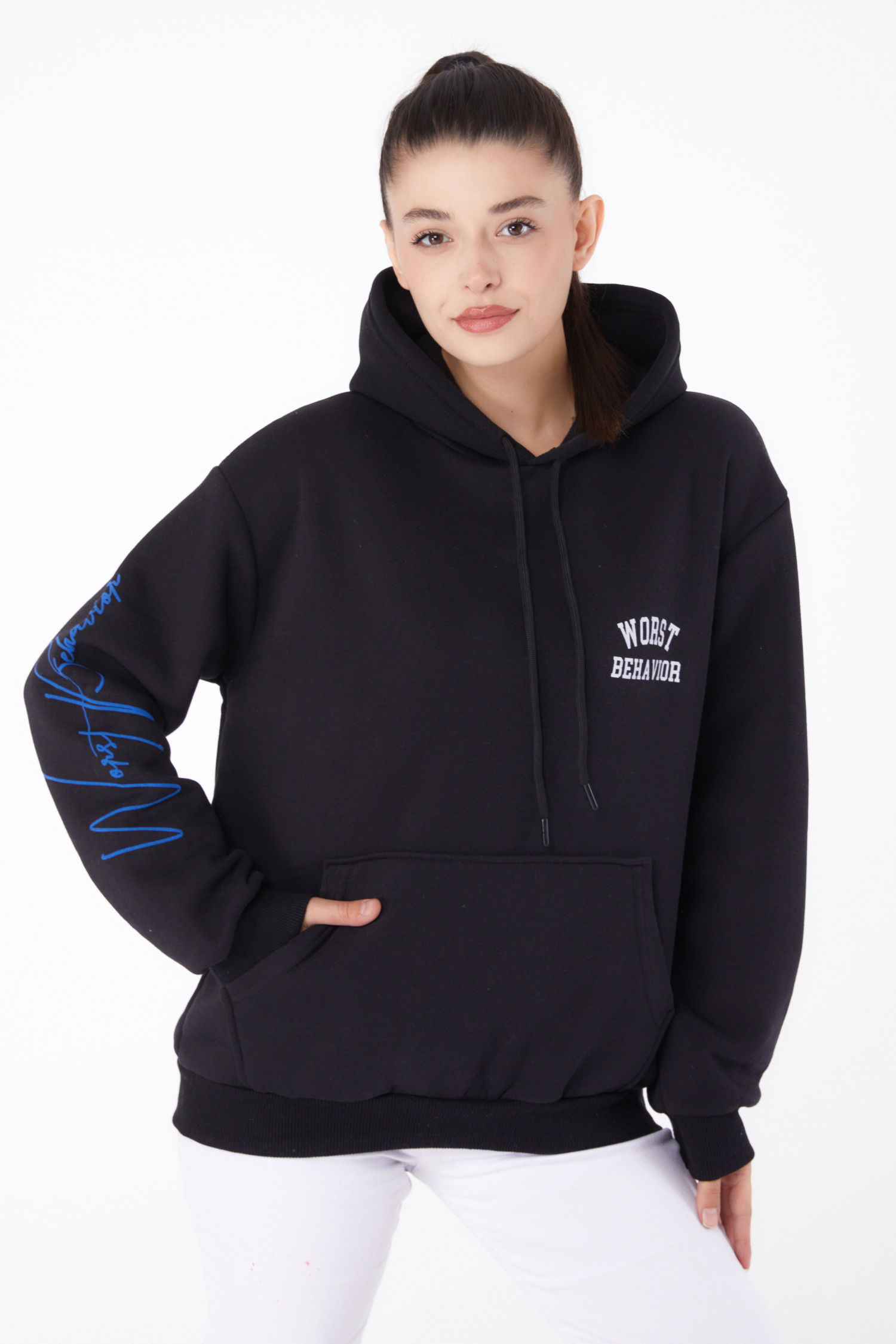 Düz Kapşonlu Yaka Kadın Siyah Baskılı Sweatshirt - 26279 - 1