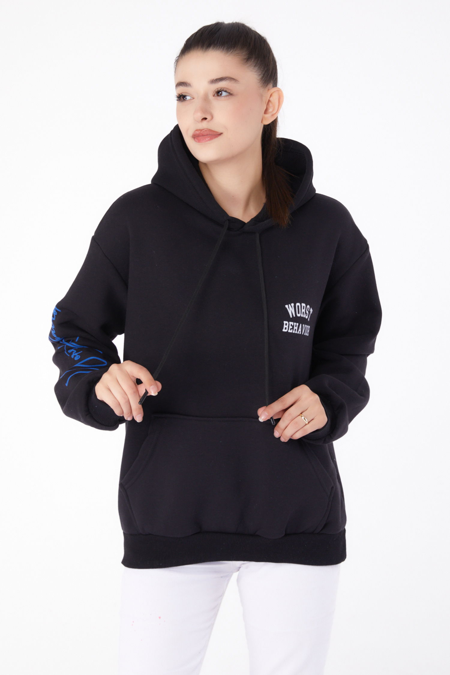 Düz Kapşonlu Yaka Kadın Siyah Baskılı Sweatshirt - 26279 - 2
