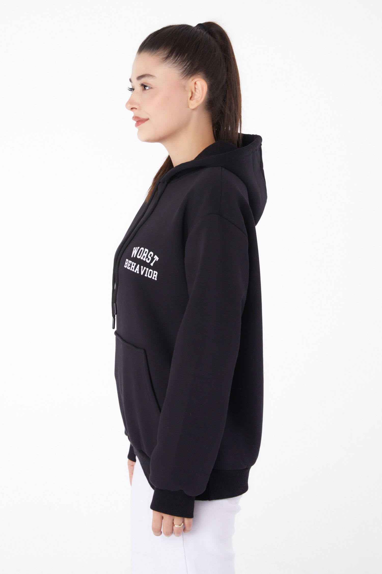 Düz Kapşonlu Yaka Kadın Siyah Baskılı Sweatshirt - 26279 - 4