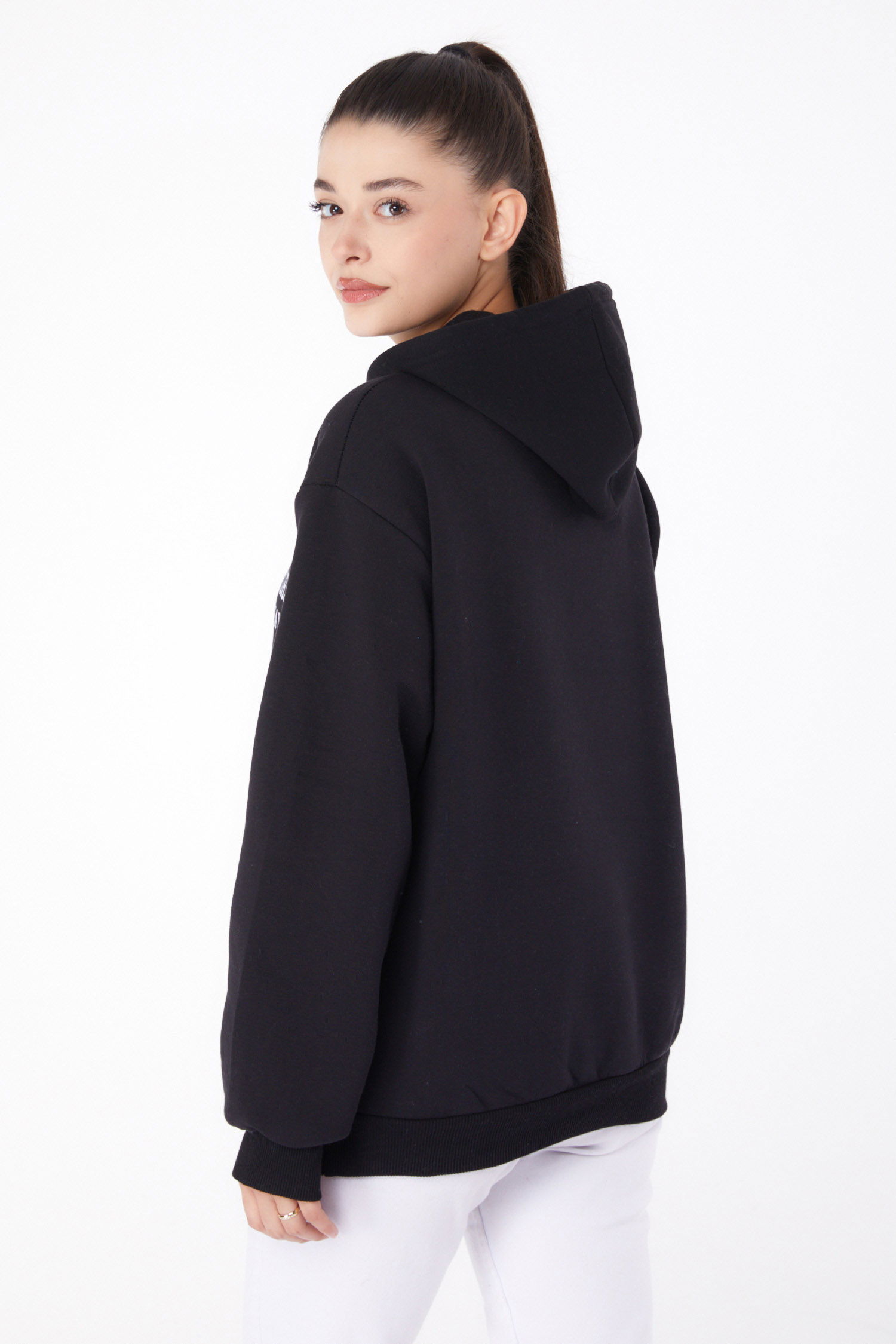 Düz Kapşonlu Yaka Kadın Siyah Baskılı Sweatshirt - 26279 - 5
