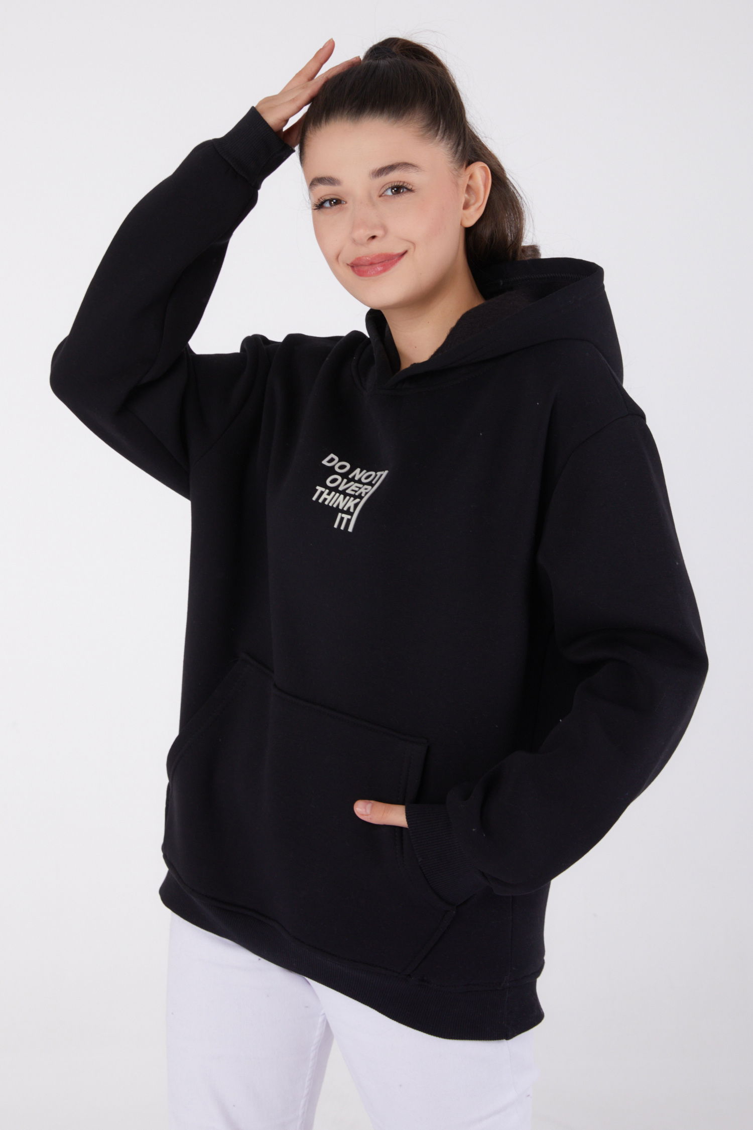 Düz Kapşonlu Yaka Kadın Siyah Baskılı Sweatshirt - 26474 - 3