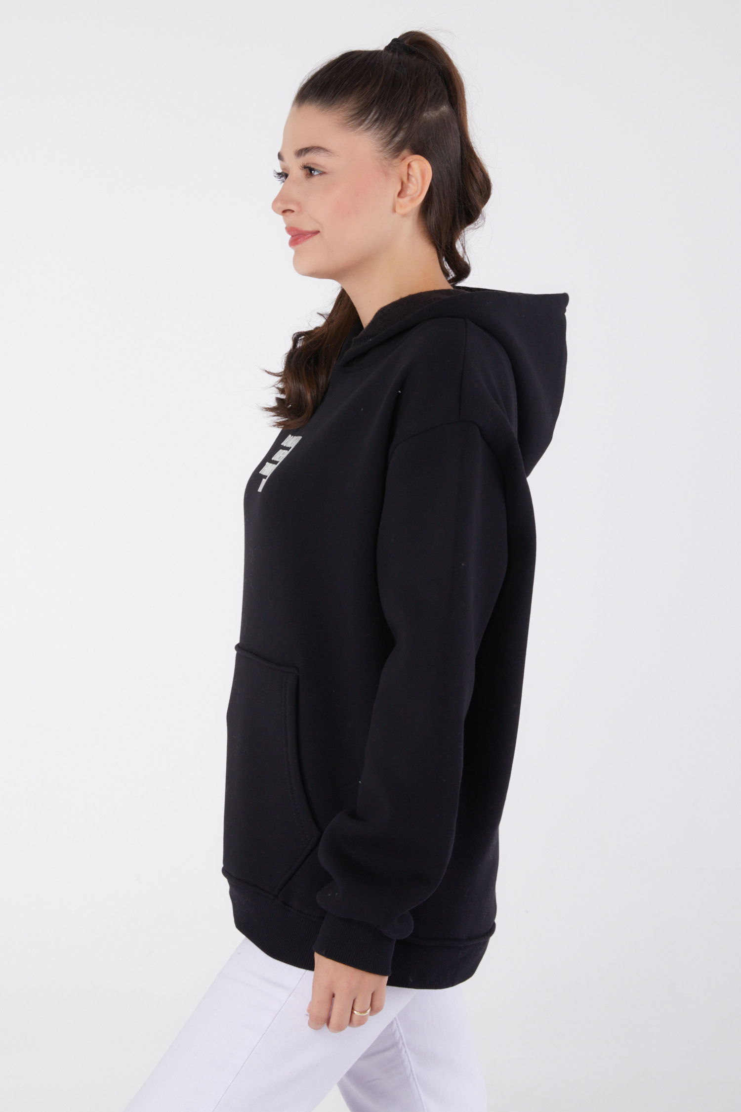 Düz Kapşonlu Yaka Kadın Siyah Baskılı Sweatshirt - 26474 - 4