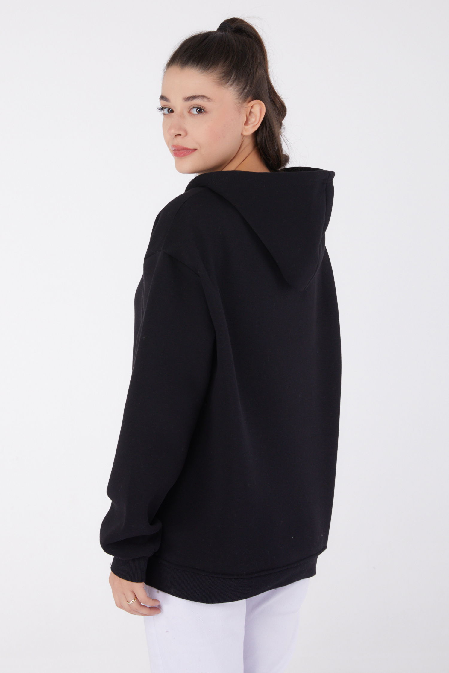Düz Kapşonlu Yaka Kadın Siyah Baskılı Sweatshirt - 26474 - 5