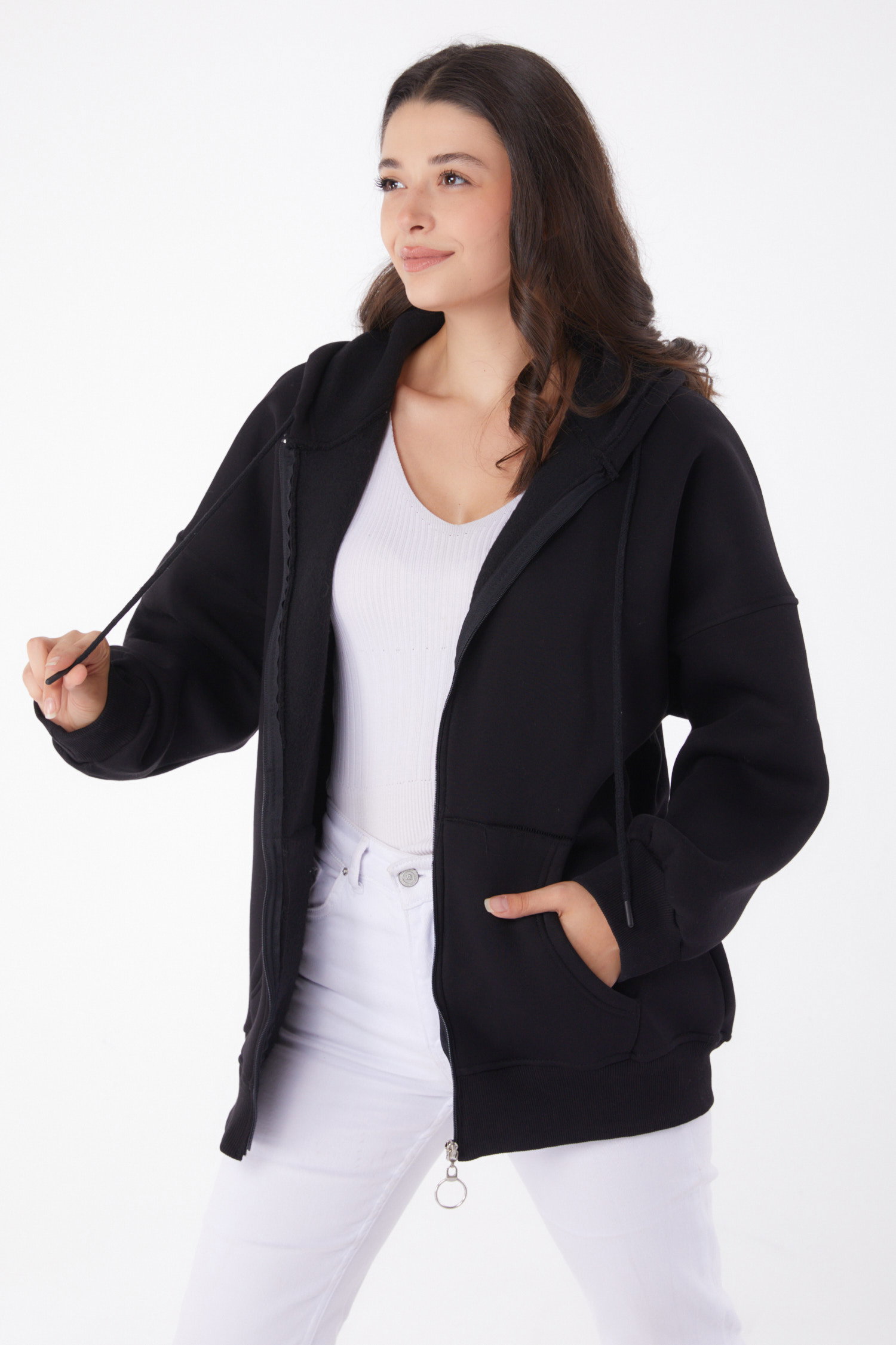 Düz Kapşonlu Yaka Kadın Siyah Cepli Fermuarlı sweatshirt - 26049 - 1
