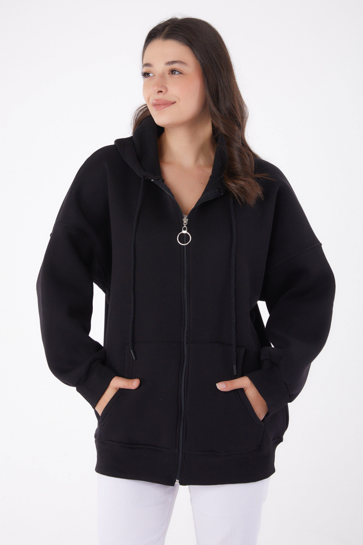 Düz Kapşonlu Yaka Kadın Siyah Cepli Fermuarlı sweatshirt - 26049 - 2
