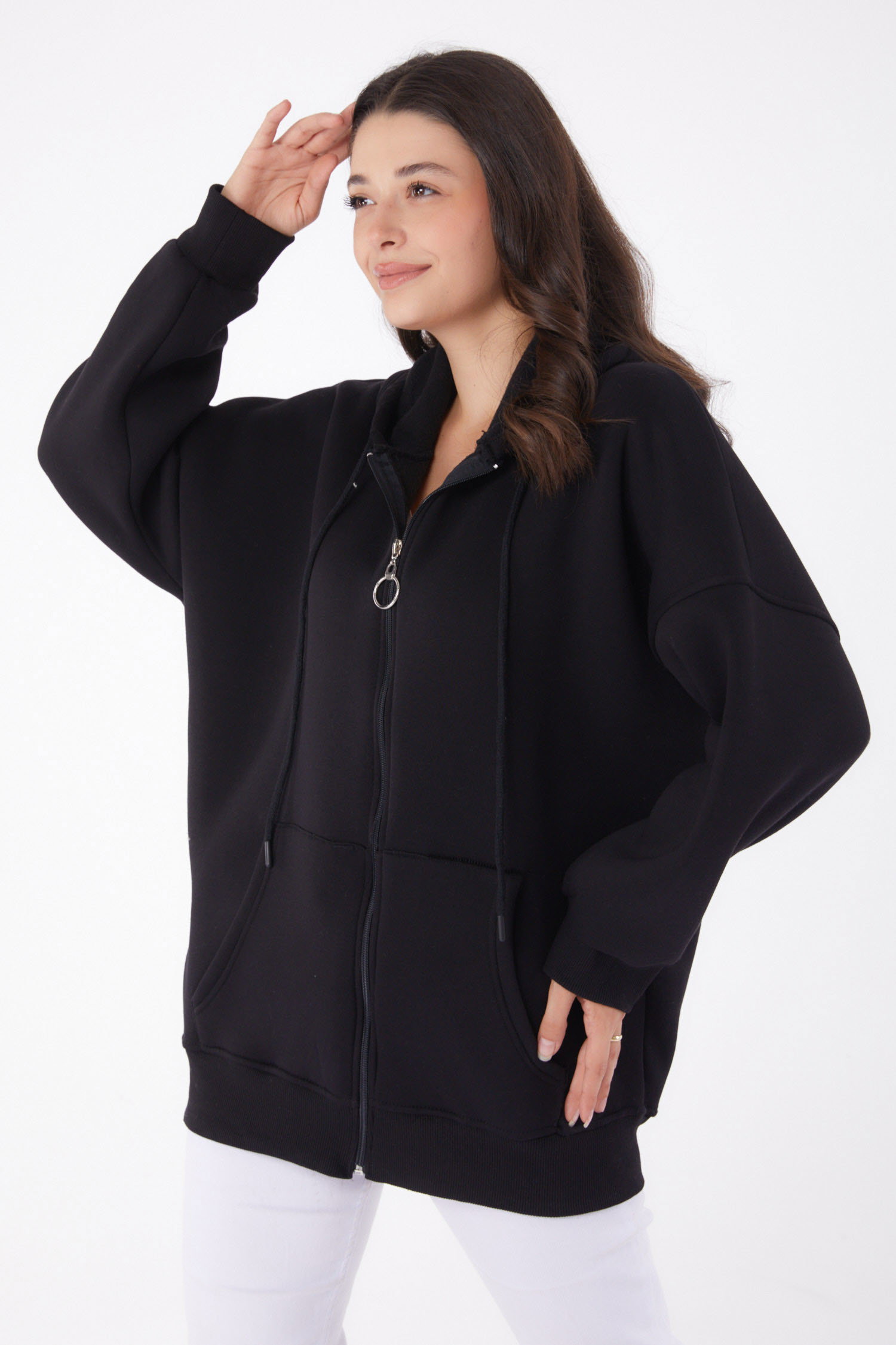 Düz Kapşonlu Yaka Kadın Siyah Cepli Fermuarlı sweatshirt - 26049 - 3