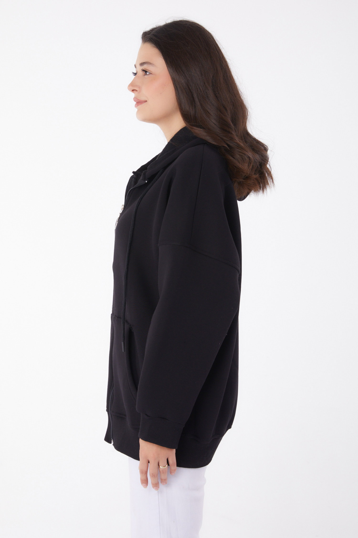 Düz Kapşonlu Yaka Kadın Siyah Cepli Fermuarlı sweatshirt - 26049 - 4