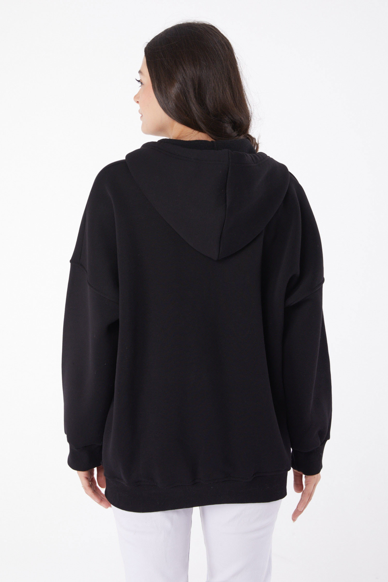 Düz Kapşonlu Yaka Kadın Siyah Cepli Fermuarlı sweatshirt - 26049 - 5