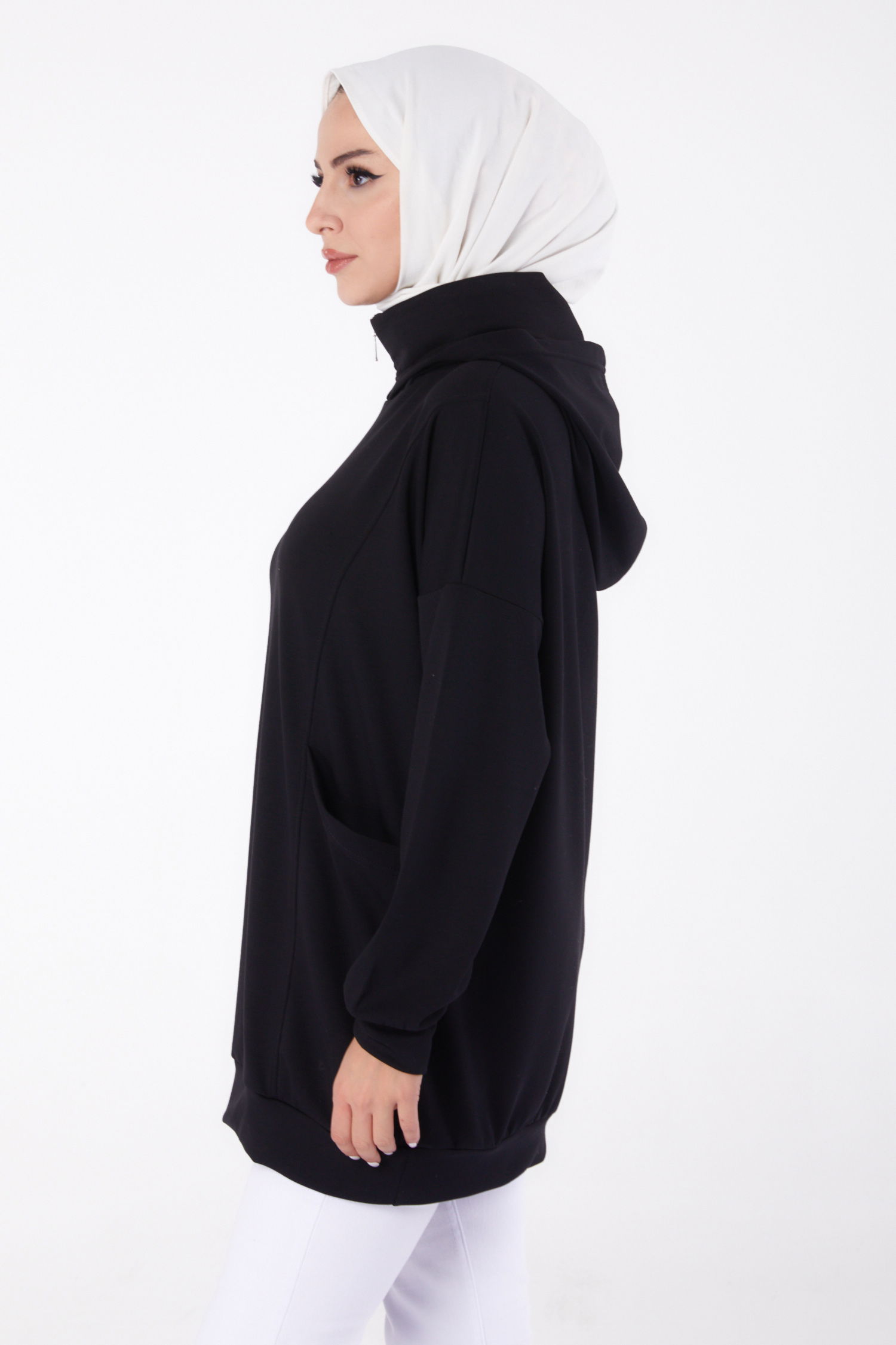 Düz Kapşonlu Yaka Kadın Siyah Cepli Tunik - 26479 - 4