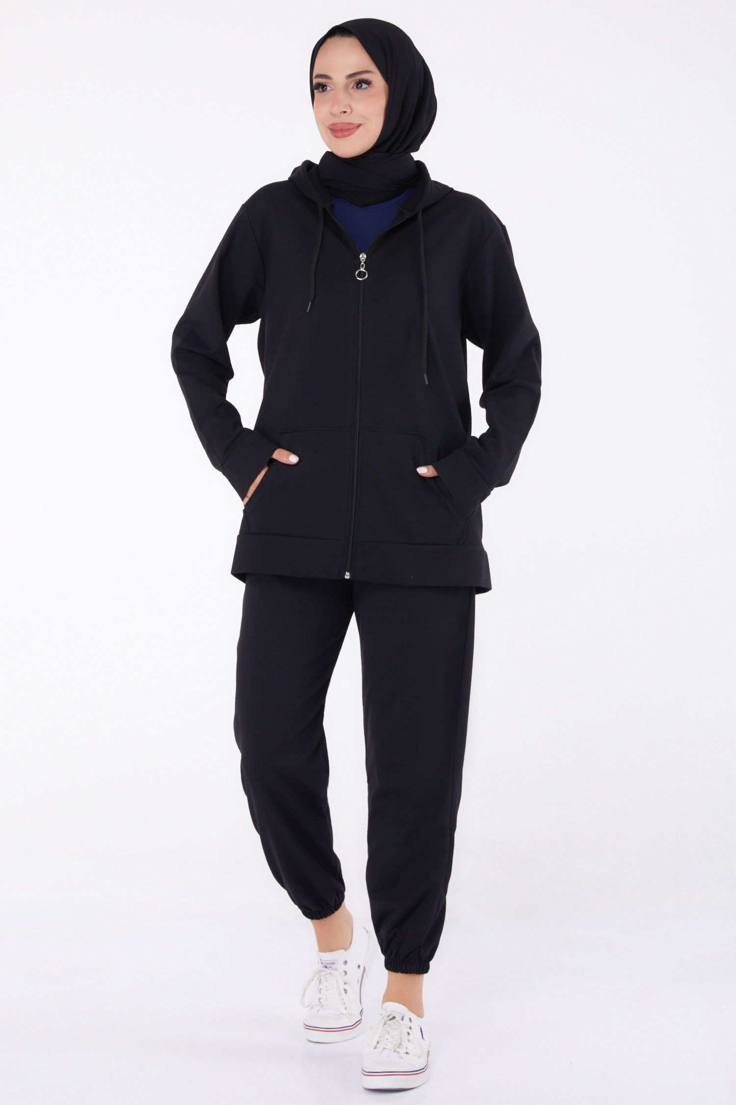 Düz Kapşonlu Yaka Kadın Siyah Fermuarlı İkili Takım - 13359 - 2