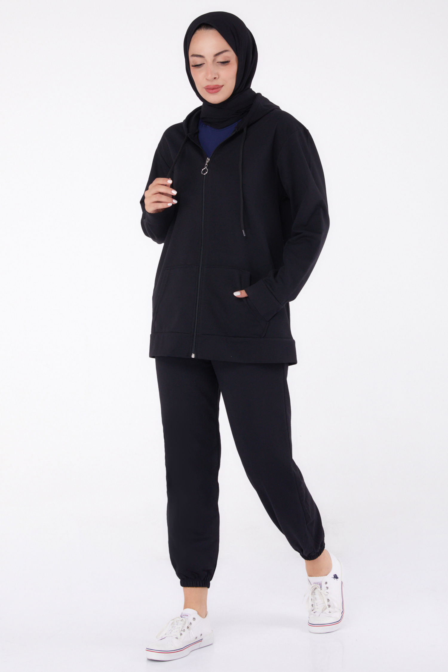 Düz Kapşonlu Yaka Kadın Siyah Fermuarlı İkili Takım - 13359 - 1