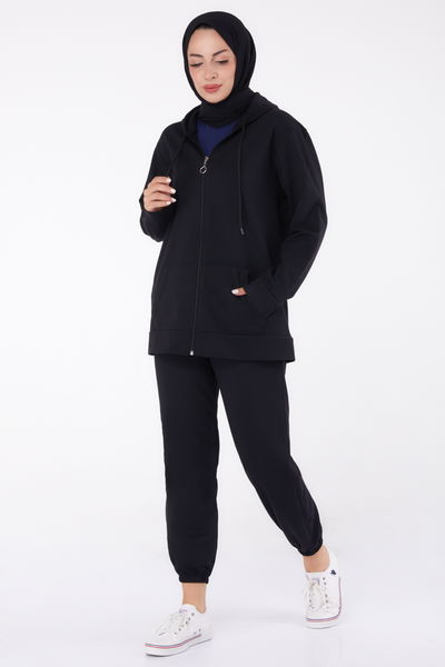 Düz Kapşonlu Yaka Kadın Siyah Fermuarlı İkili Takım - 13359 