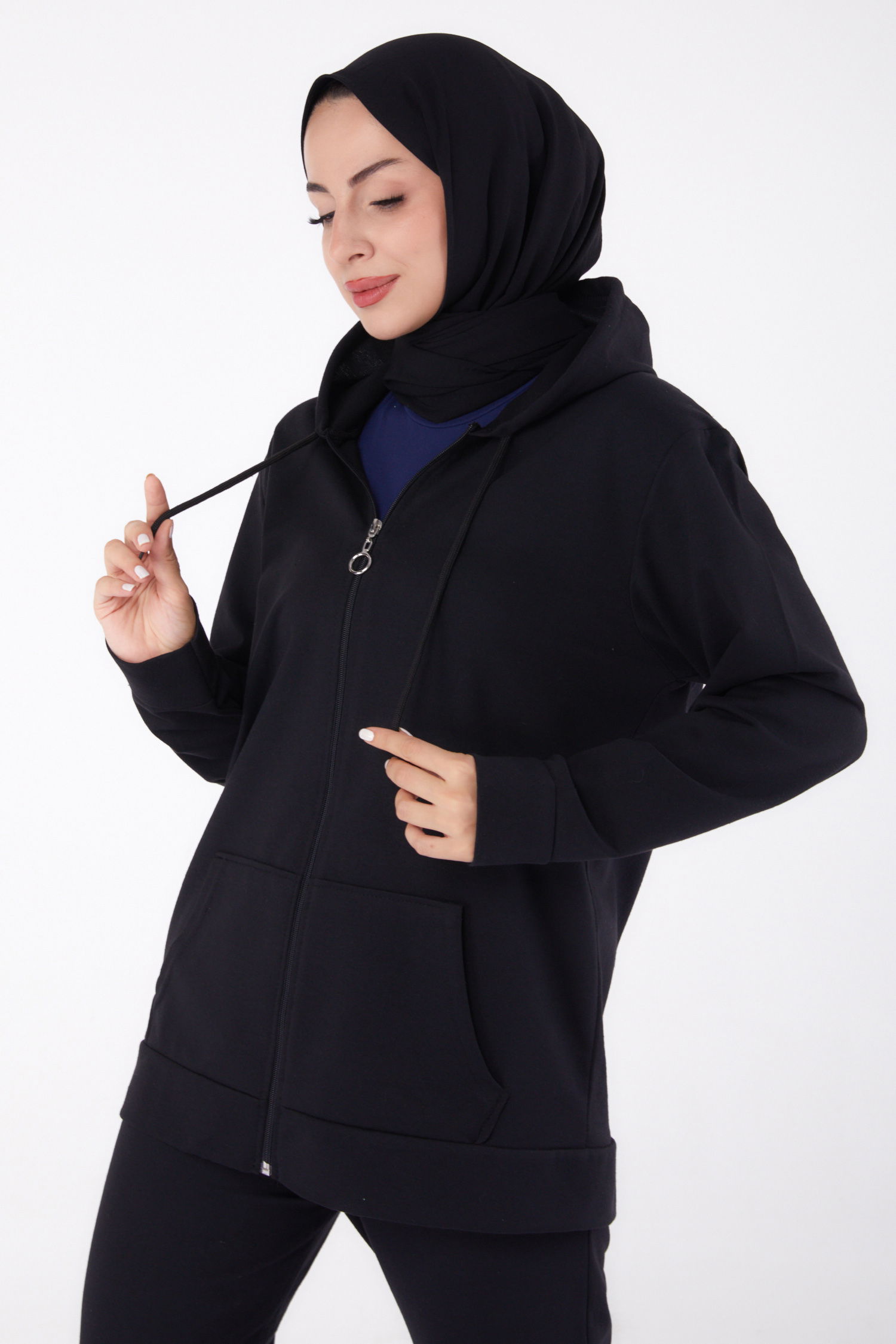 Düz Kapşonlu Yaka Kadın Siyah Fermuarlı İkili Takım - 13359 - 3