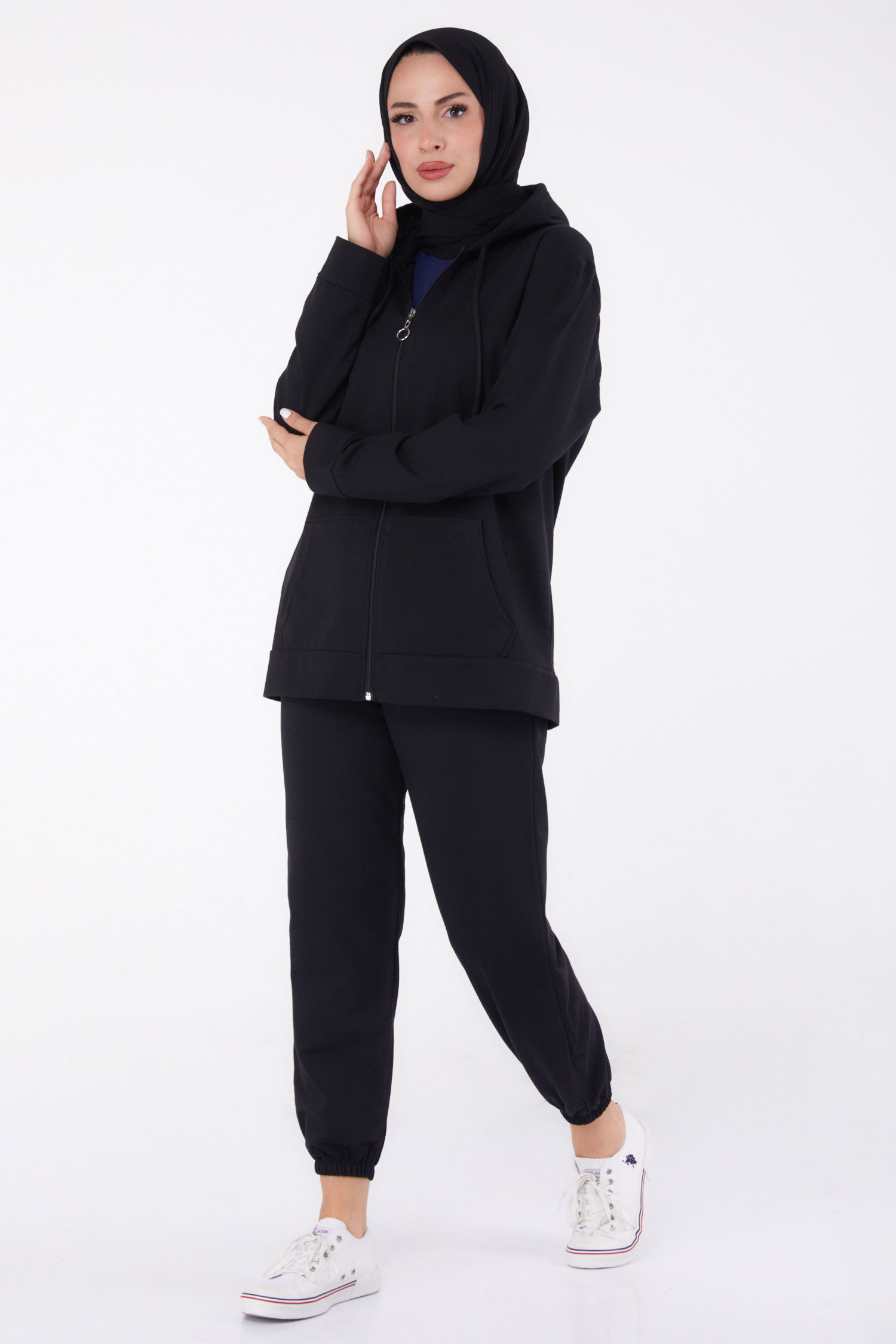 Düz Kapşonlu Yaka Kadın Siyah Fermuarlı İkili Takım - 13359 - 4