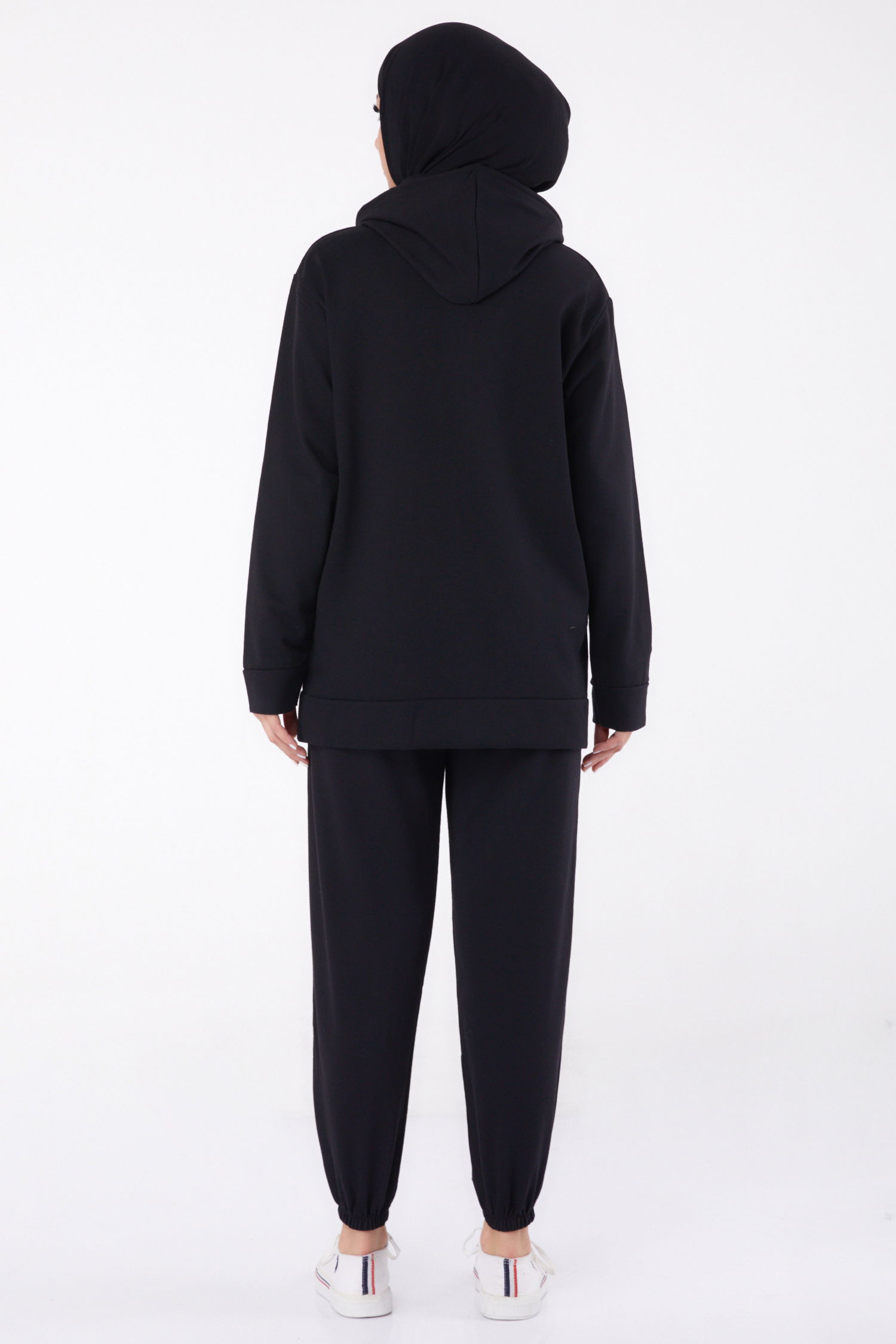 Düz Kapşonlu Yaka Kadın Siyah Fermuarlı İkili Takım - 13359 - 6