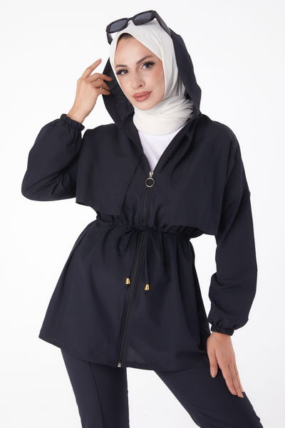 Düz Kapşonlu Yaka Kadın Siyah İkili Takım - 13252 