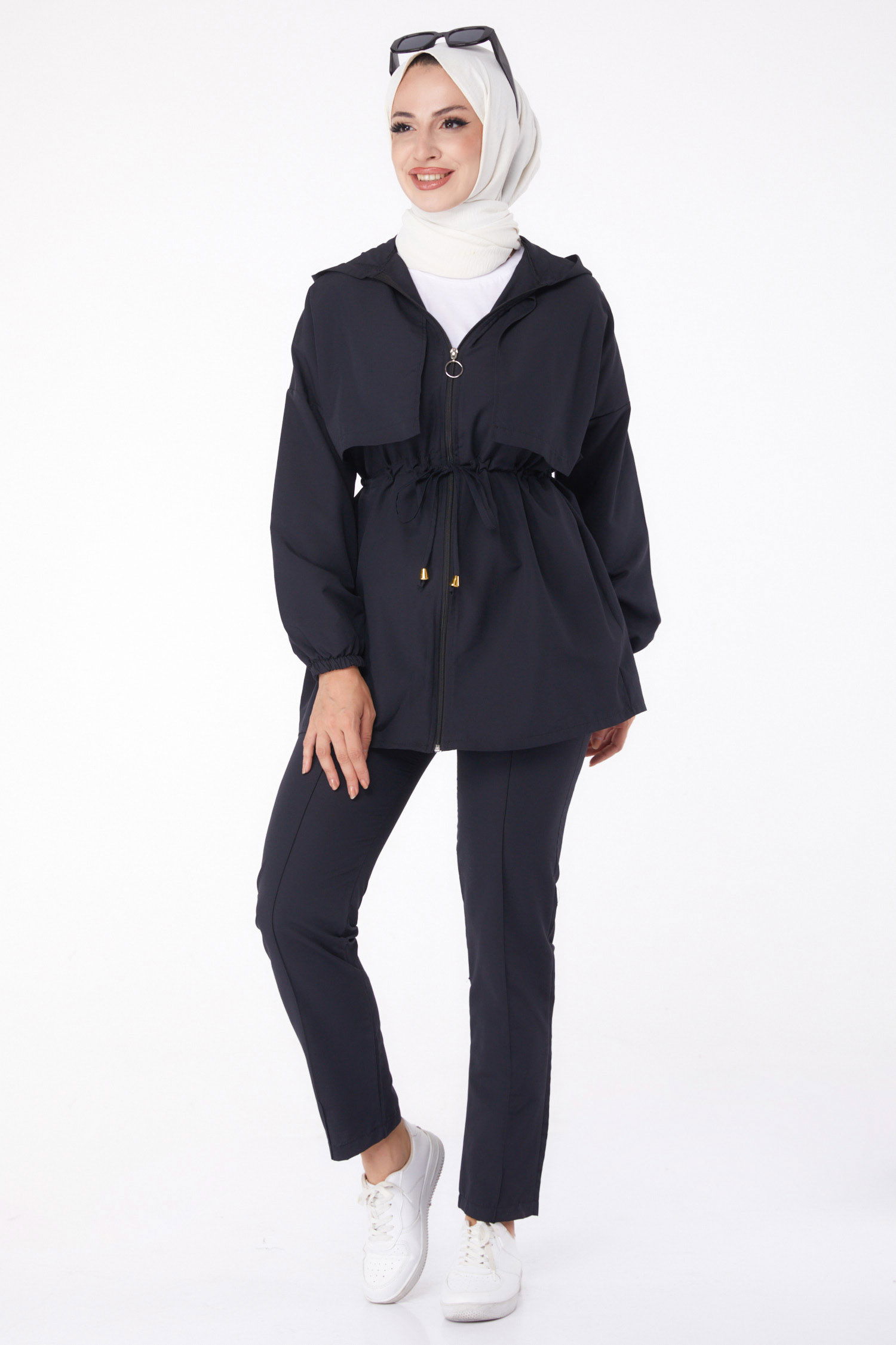 Düz Kapşonlu Yaka Kadın Siyah İkili Takım - 13252 - 2