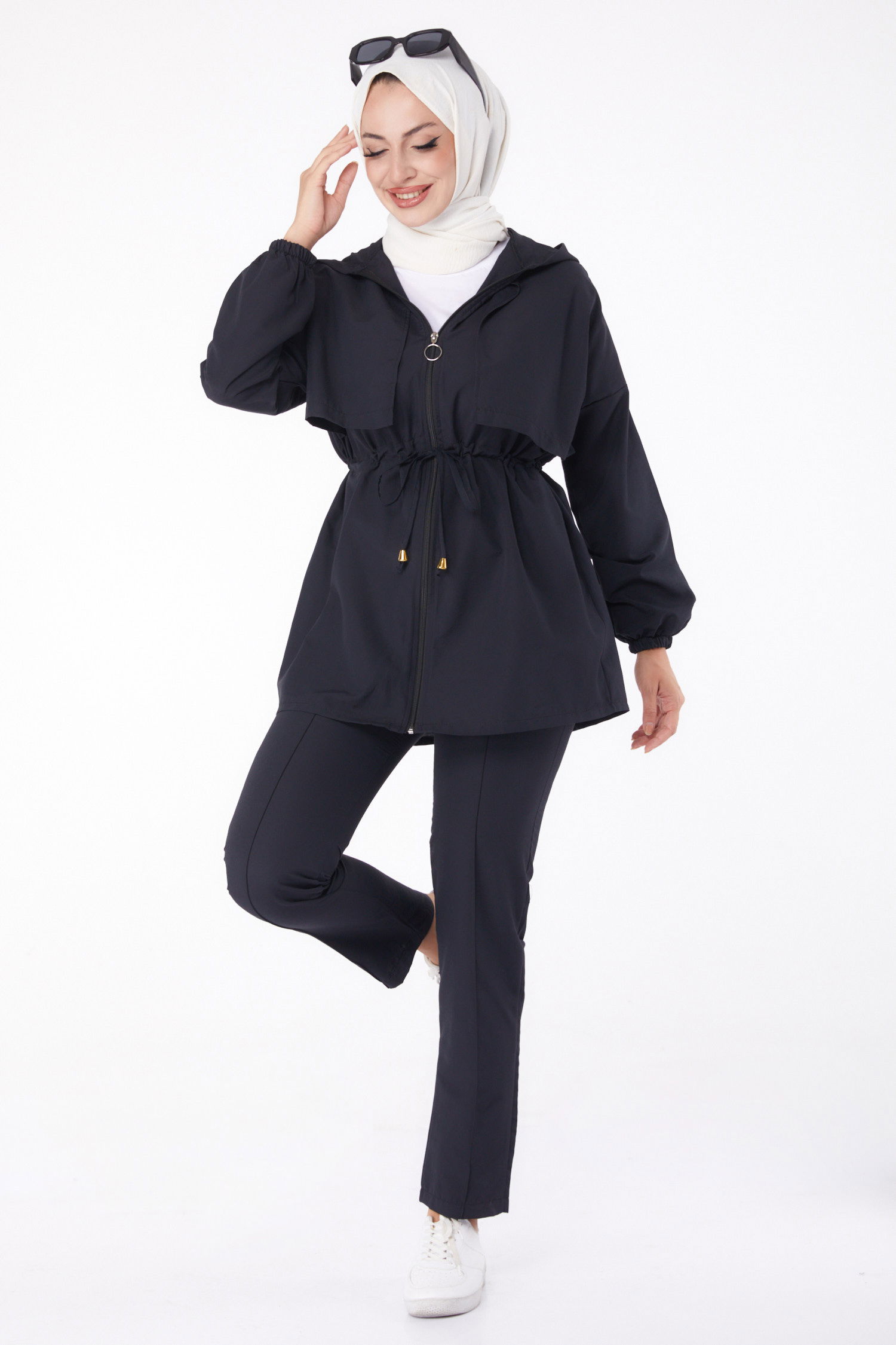 Düz Kapşonlu Yaka Kadın Siyah İkili Takım - 13252 - 3