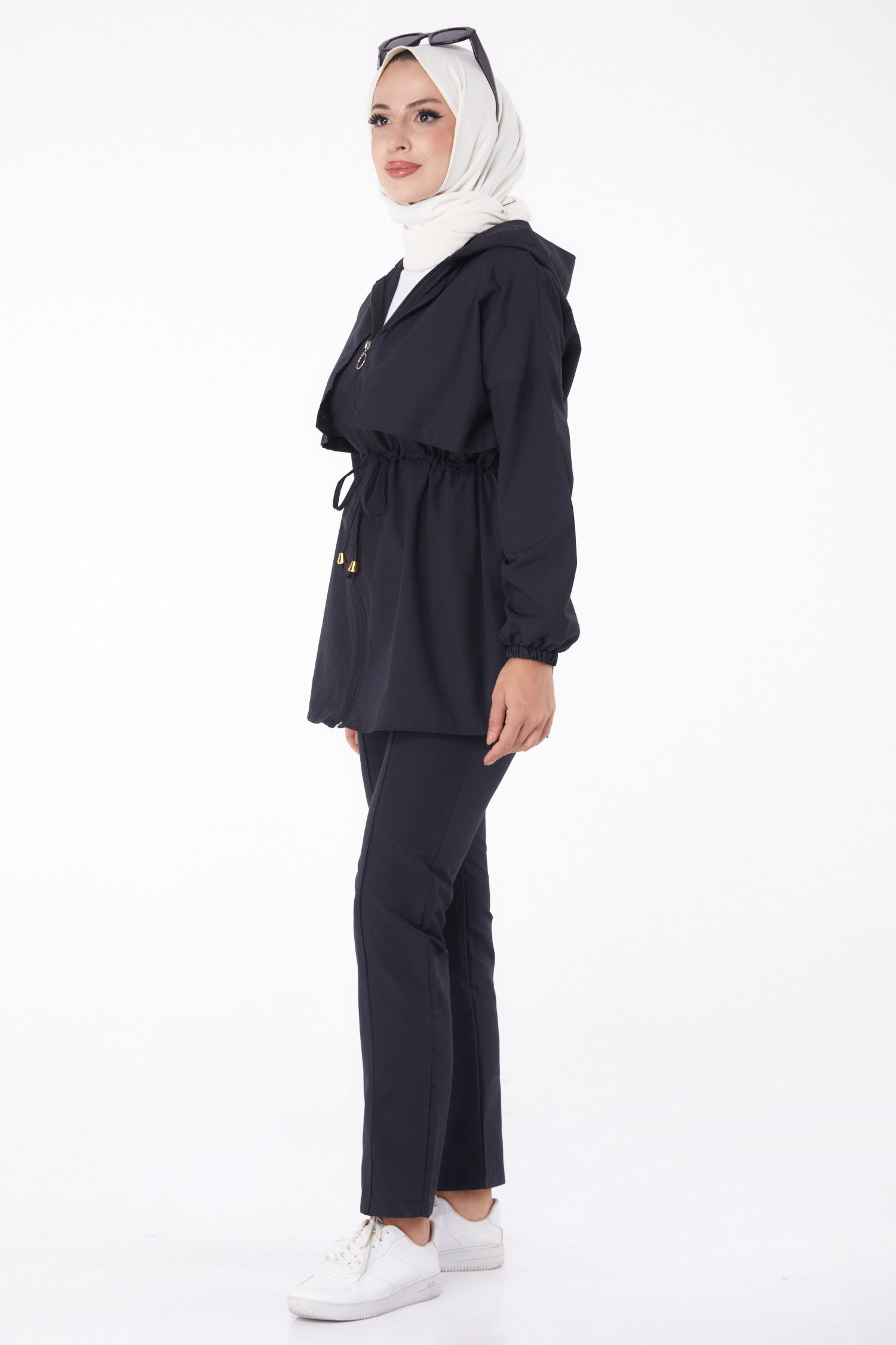 Düz Kapşonlu Yaka Kadın Siyah İkili Takım - 13252 - 4