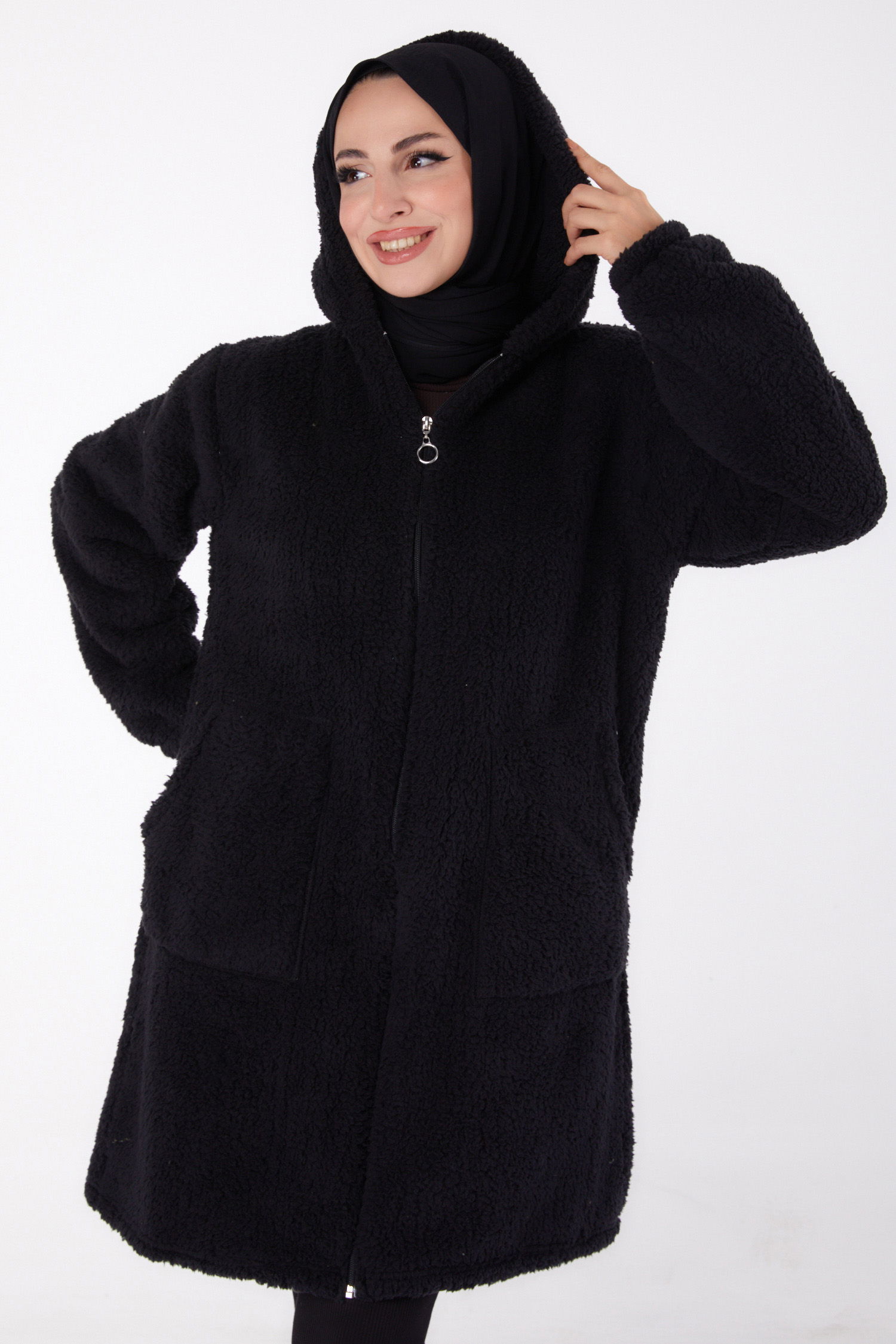 Düz Kapşonlu Yaka Kadın Siyah Peluş Uzun Mont - 26460 - 3