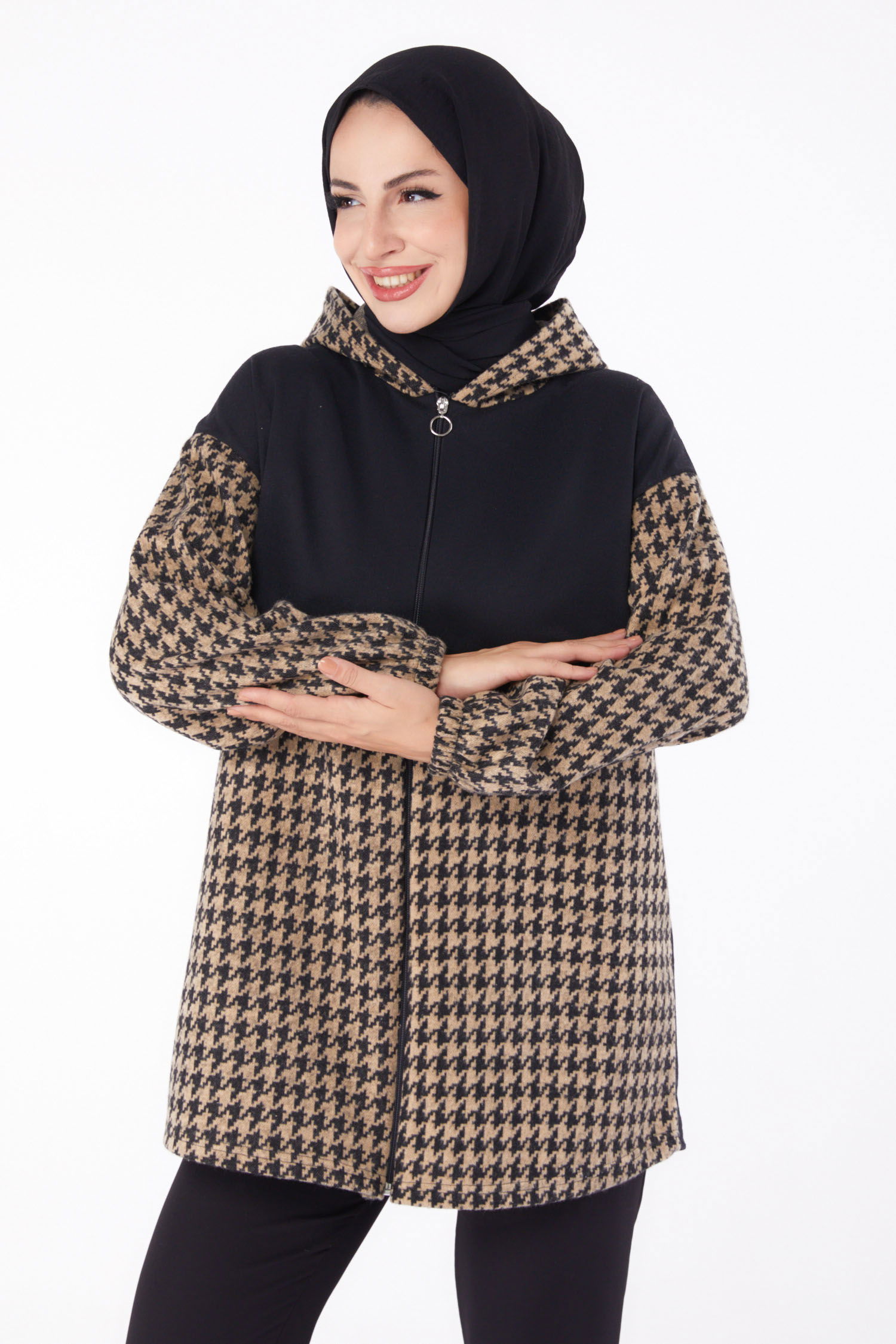 Fermuarlı Garnili sweatshirt Vizon - 13314 - 1