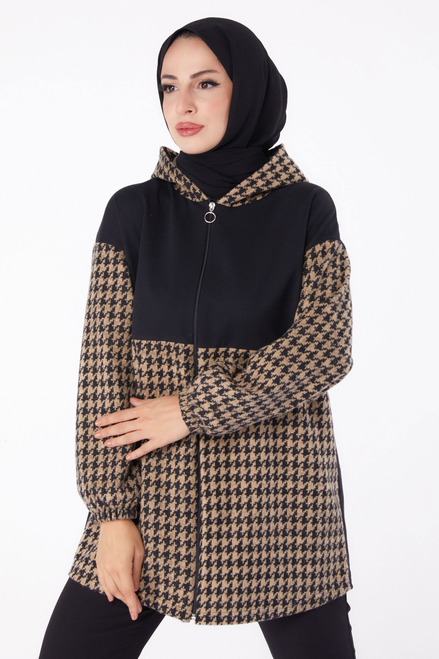 Fermuarlı Garnili sweatshirt Vizon - 13314 - 2