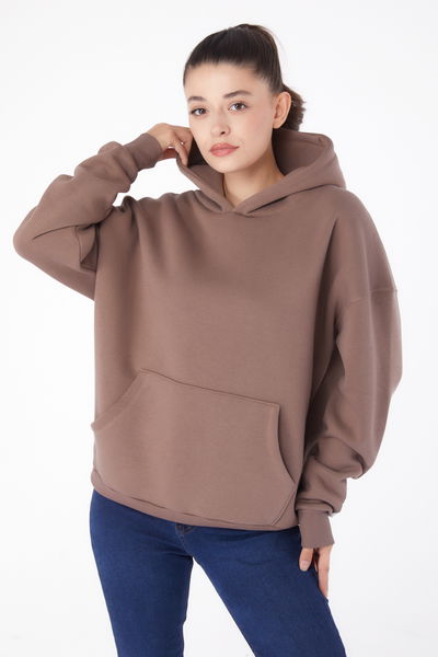 Düz Kapşonlu Yaka Kadın Vizon Kapşonlu Sweat - 26219 