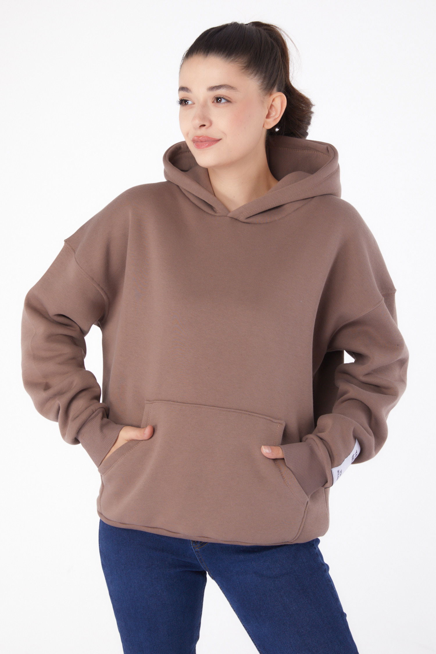 Düz Kapşonlu Yaka Kadın Vizon Kapşonlu Sweat - 26219 - 2