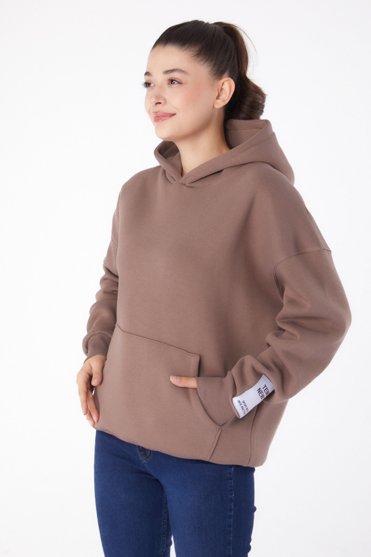 Düz Kapşonlu Yaka Kadın Vizon Kapşonlu Sweat - 26219 - 3