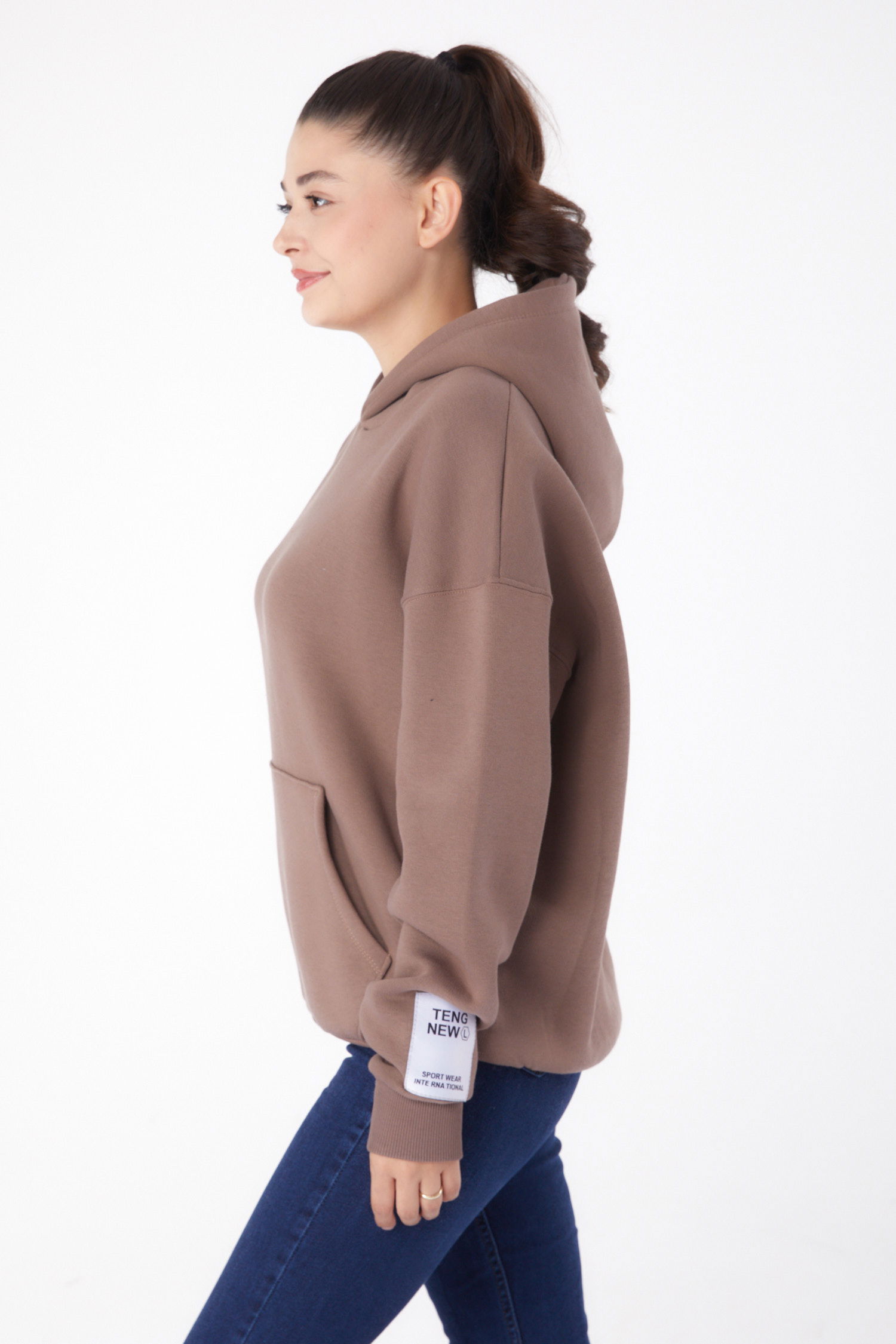 Düz Kapşonlu Yaka Kadın Vizon Kapşonlu Sweat - 26219 - 4