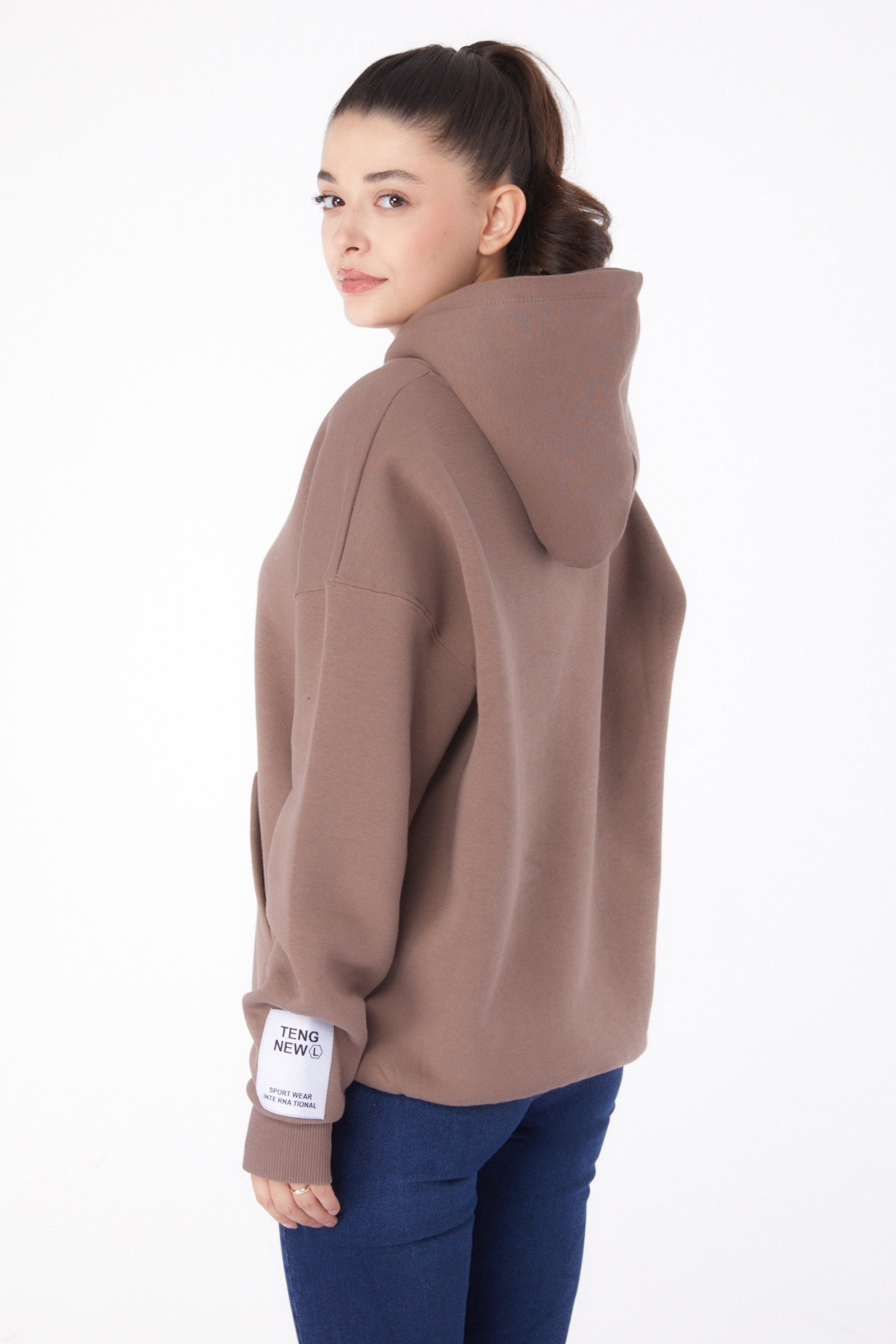 Düz Kapşonlu Yaka Kadın Vizon Kapşonlu Sweat - 26219 - 5