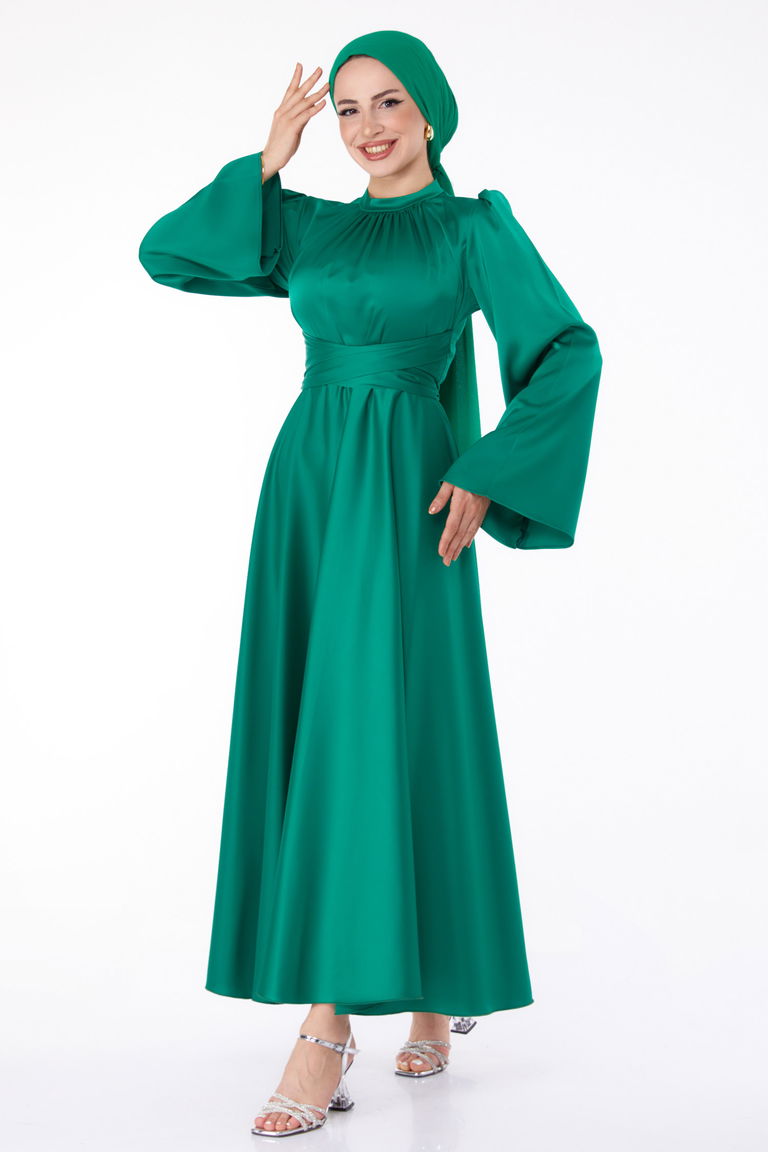 Çapraz Kemerli Abiye Elbise Yesil - 25646 - TOFİSA