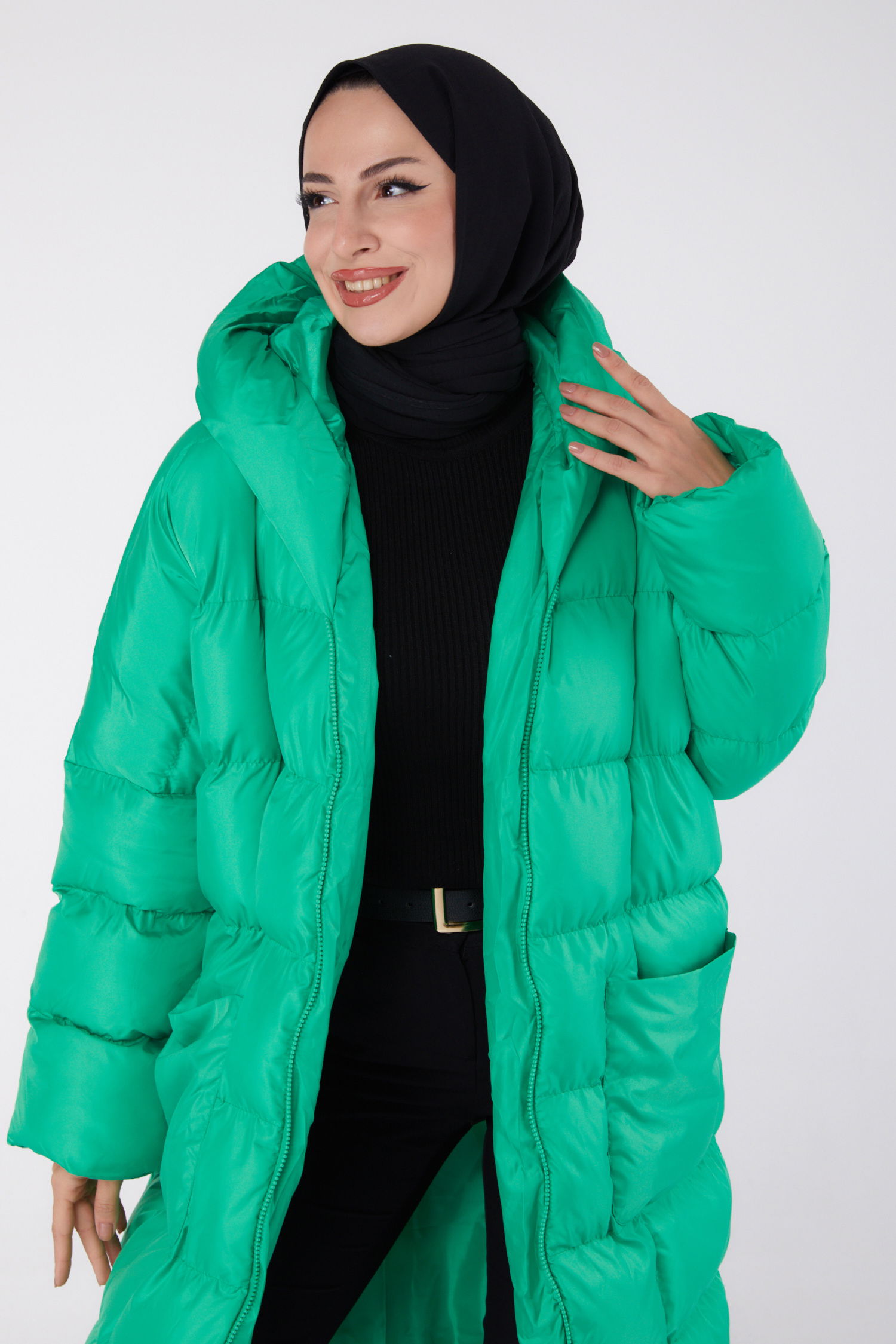 Düz Kapşonlu Yaka Kadın Yesil Çift Cepli Şişme Mont - 26481 - 3
