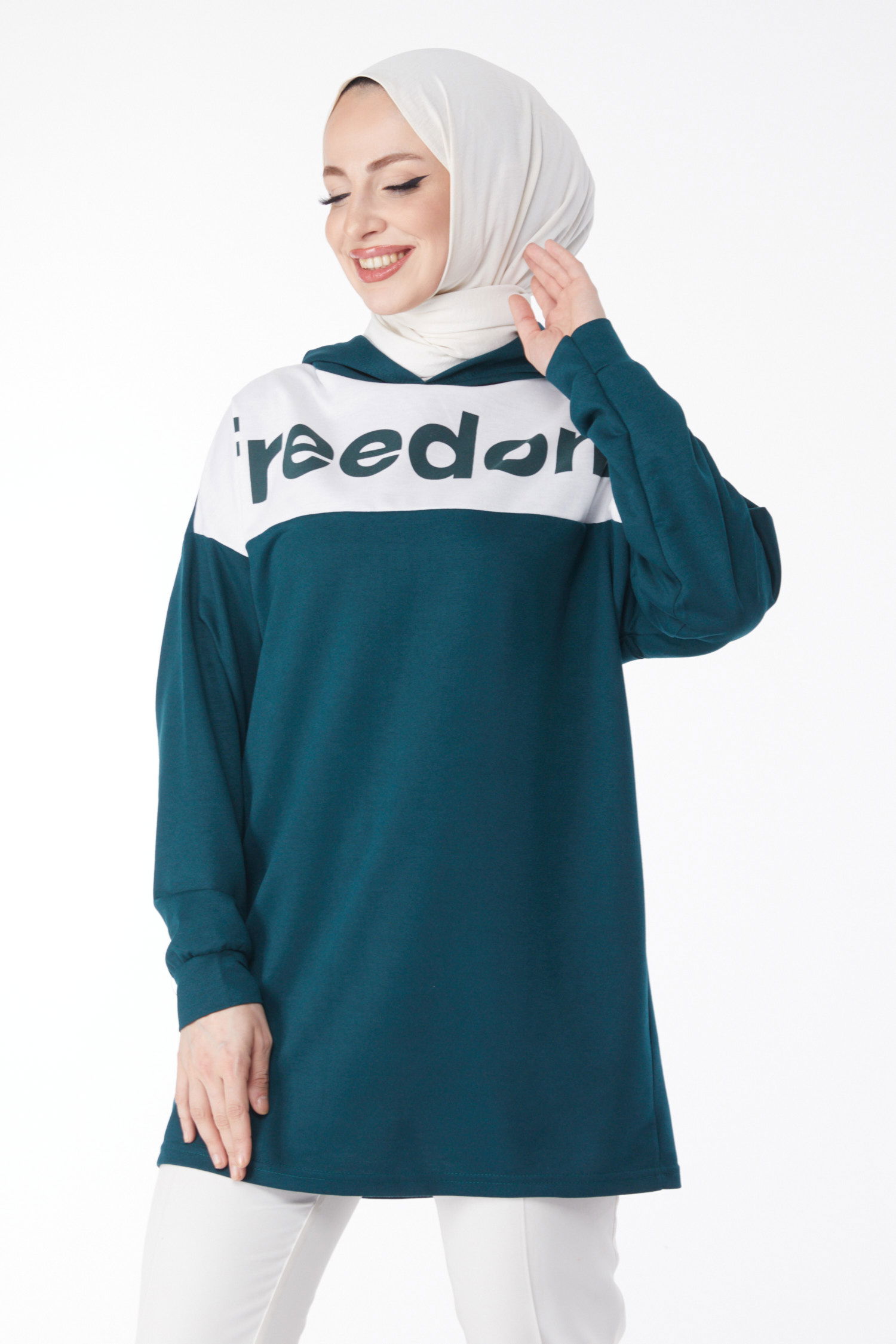 Düz Kapşonlu Yaka Kadın Zümrüt Baskılı Kapşonlu Sweatshirt - 13134 - 2