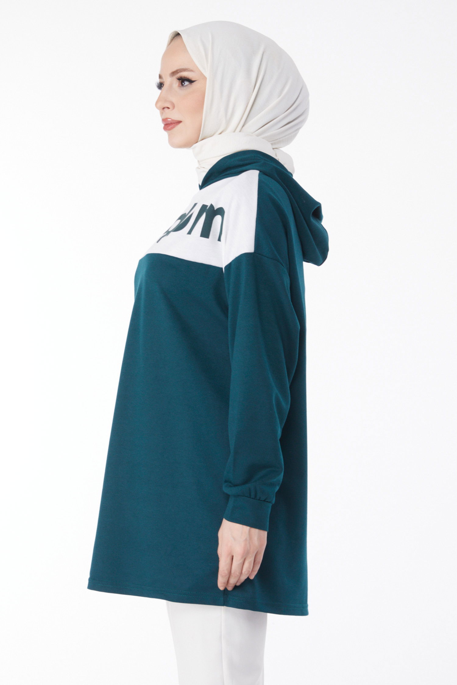 Düz Kapşonlu Yaka Kadın Zümrüt Baskılı Kapşonlu Sweatshirt - 13134 - 4