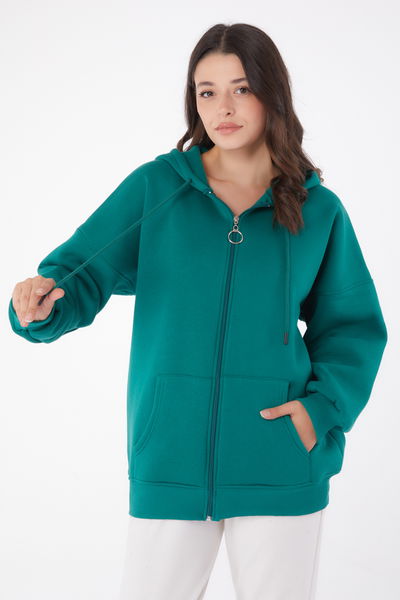 Cepli Fermuarlı sweatshirt Zümrüt - 26049 