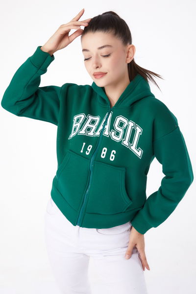 Fermuarlı Crop Sweatshirt Zümrüt - 26278 