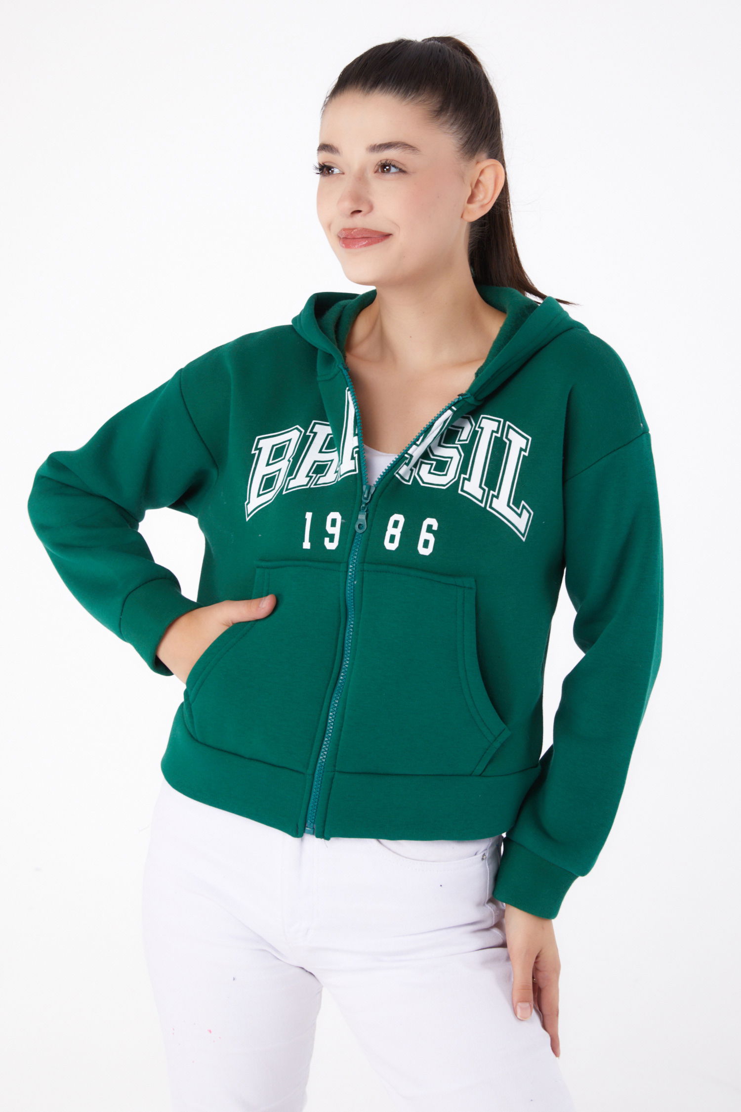 Fermuarlı Crop Sweatshirt Zümrüt - 26278 - 2