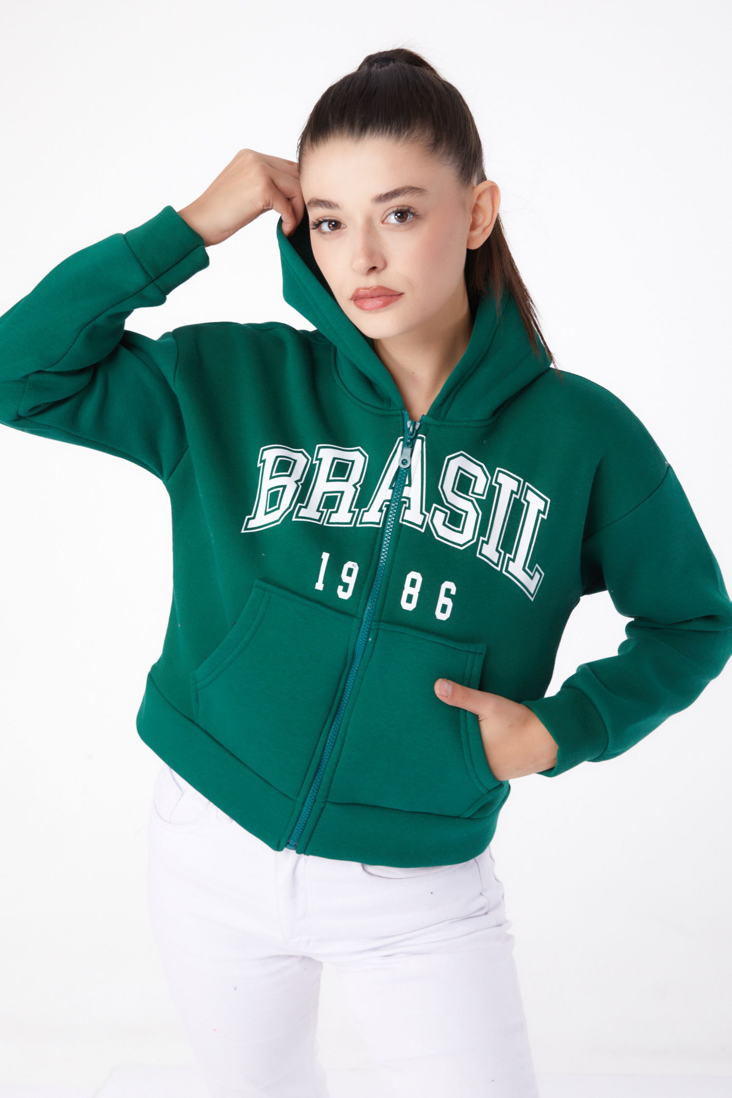 Fermuarlı Crop Sweatshirt Zümrüt - 26278 - 3