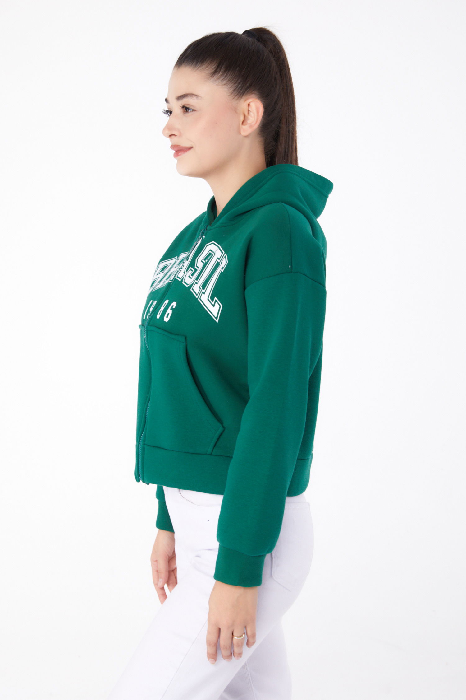 Fermuarlı Crop Sweatshirt Zümrüt - 26278 - 4