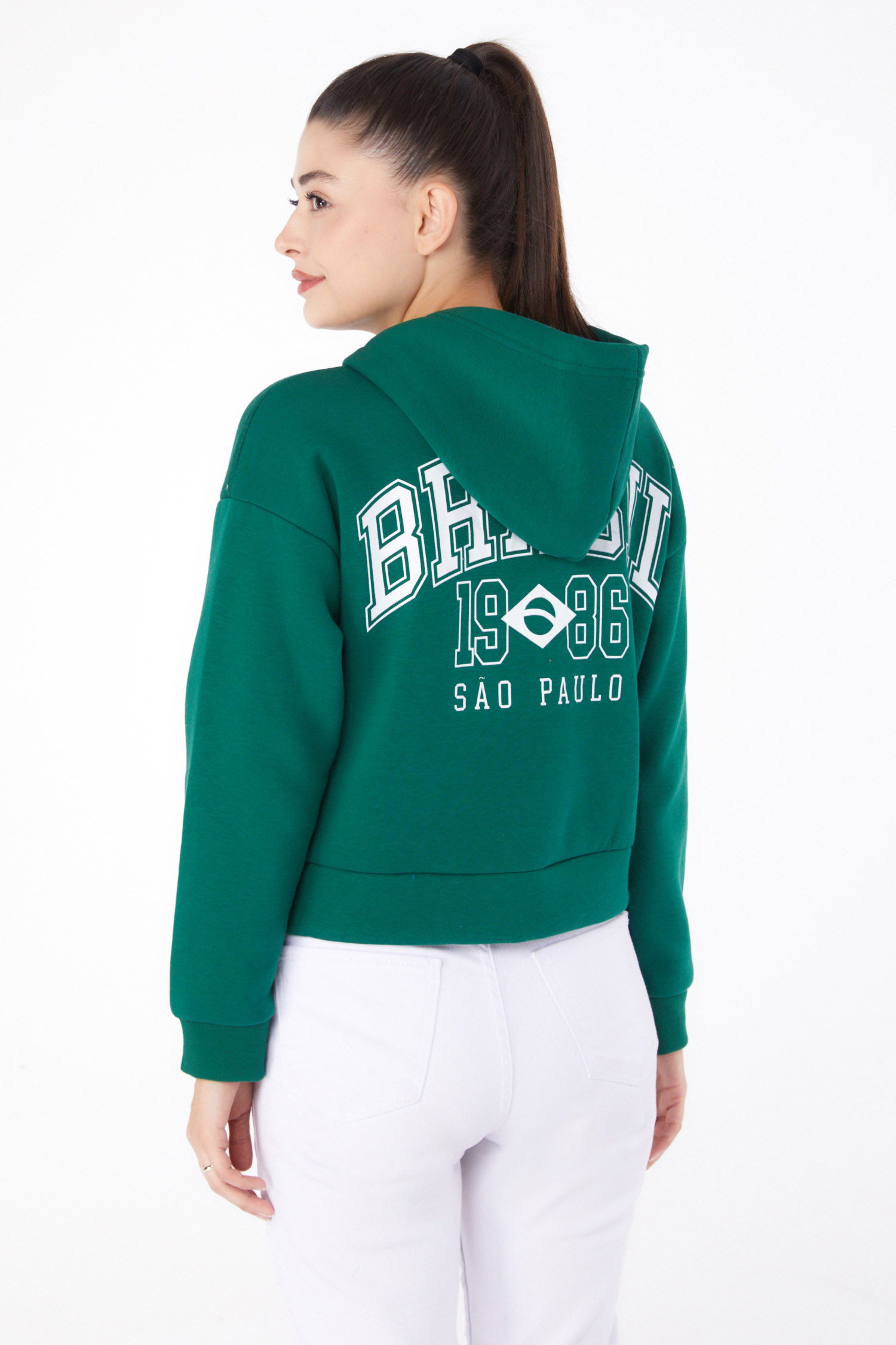 Fermuarlı Crop Sweatshirt Zümrüt - 26278 - 5