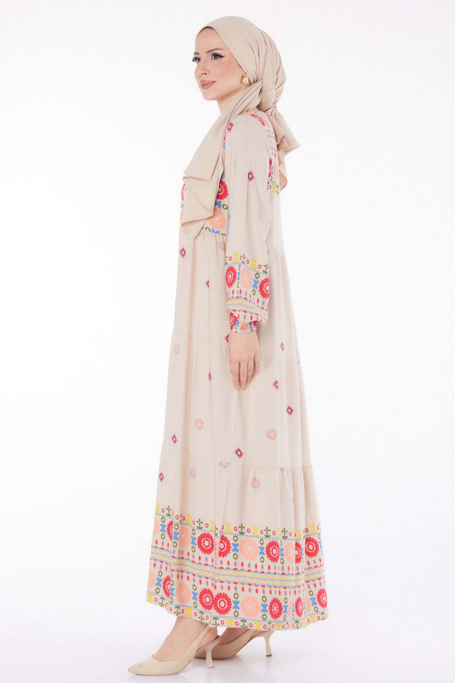 Düz Kravat Yaka Kadın Bej Desenli Elbise - 25708 - 4