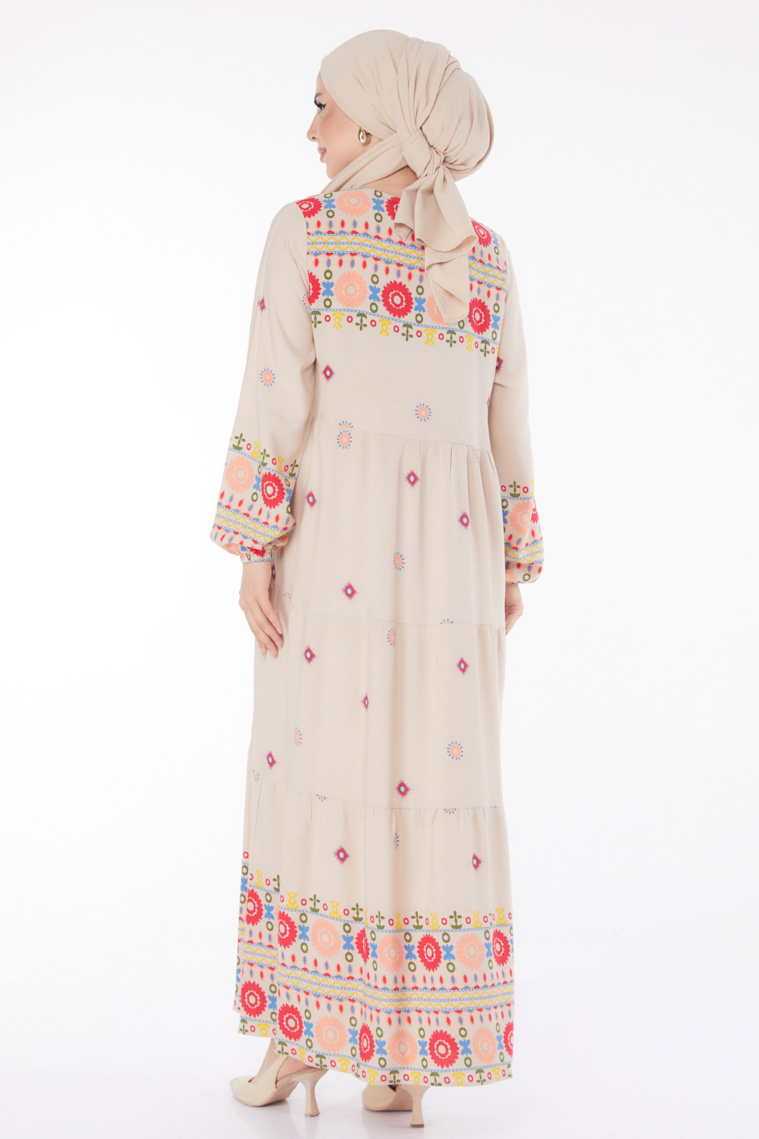 Düz Kravat Yaka Kadın Bej Desenli Elbise - 25708 - 5