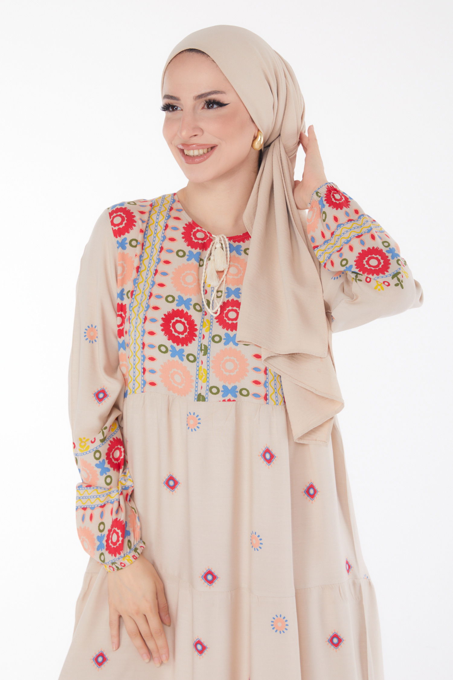 Düz Kravat Yaka Kadın Bej Desenli Elbise - 25708 - 1