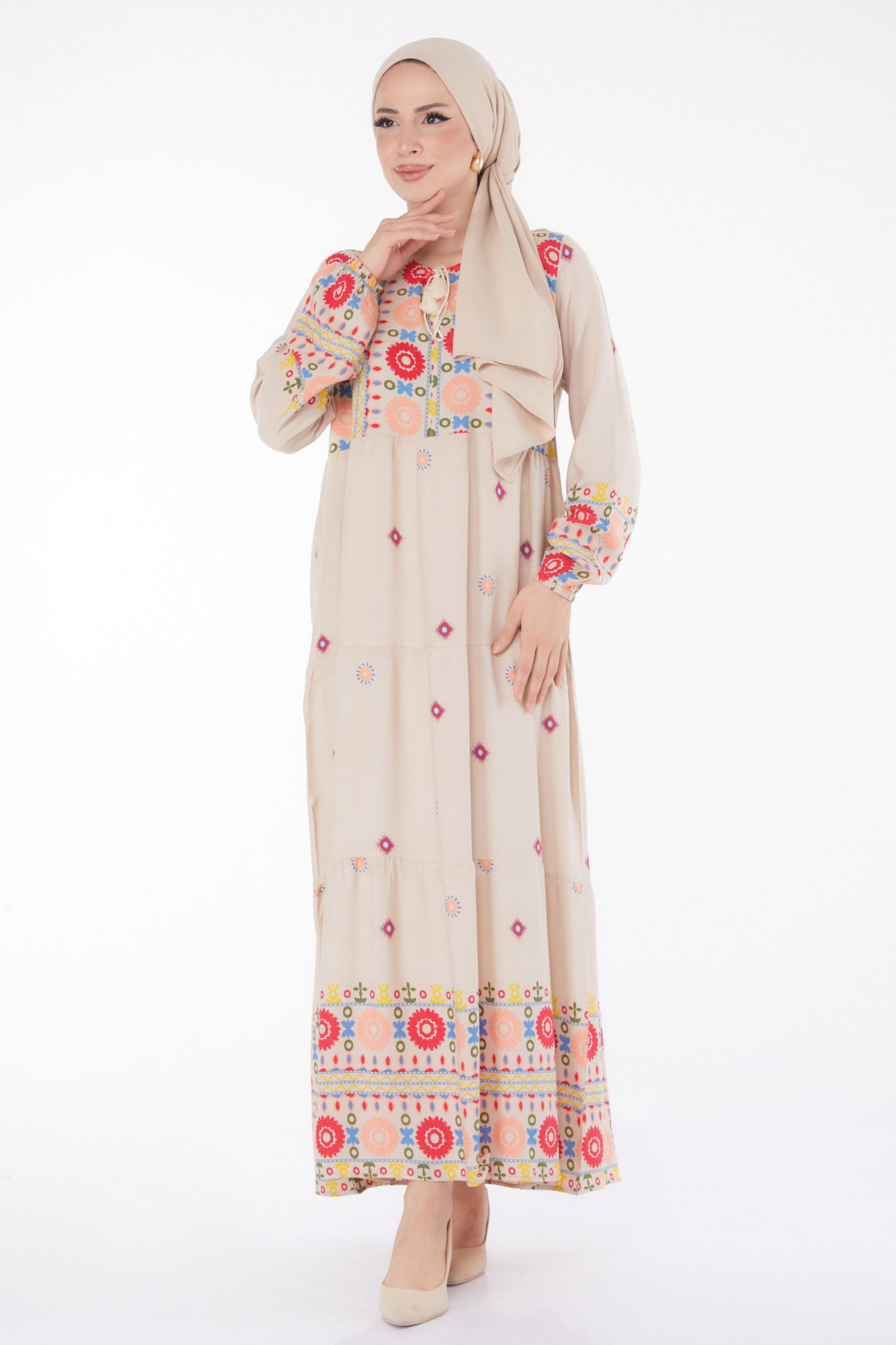 Düz Kravat Yaka Kadın Bej Desenli Elbise - 25708 - 3